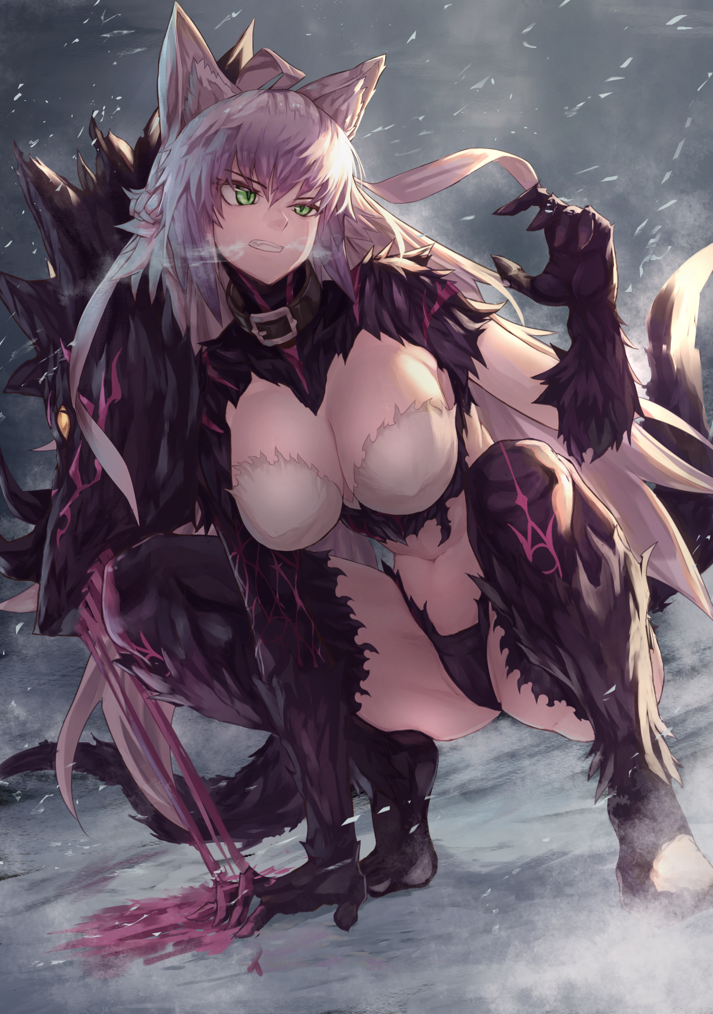 Anime 1440x2047 Fate series Fate/Apocrypha  Fate/Grand Order anime girls monster girl big boobs curvy 2D cleavage thighs fan art animal ears wolf ears Atalanta (Fate/Grand Order) portrait display anime