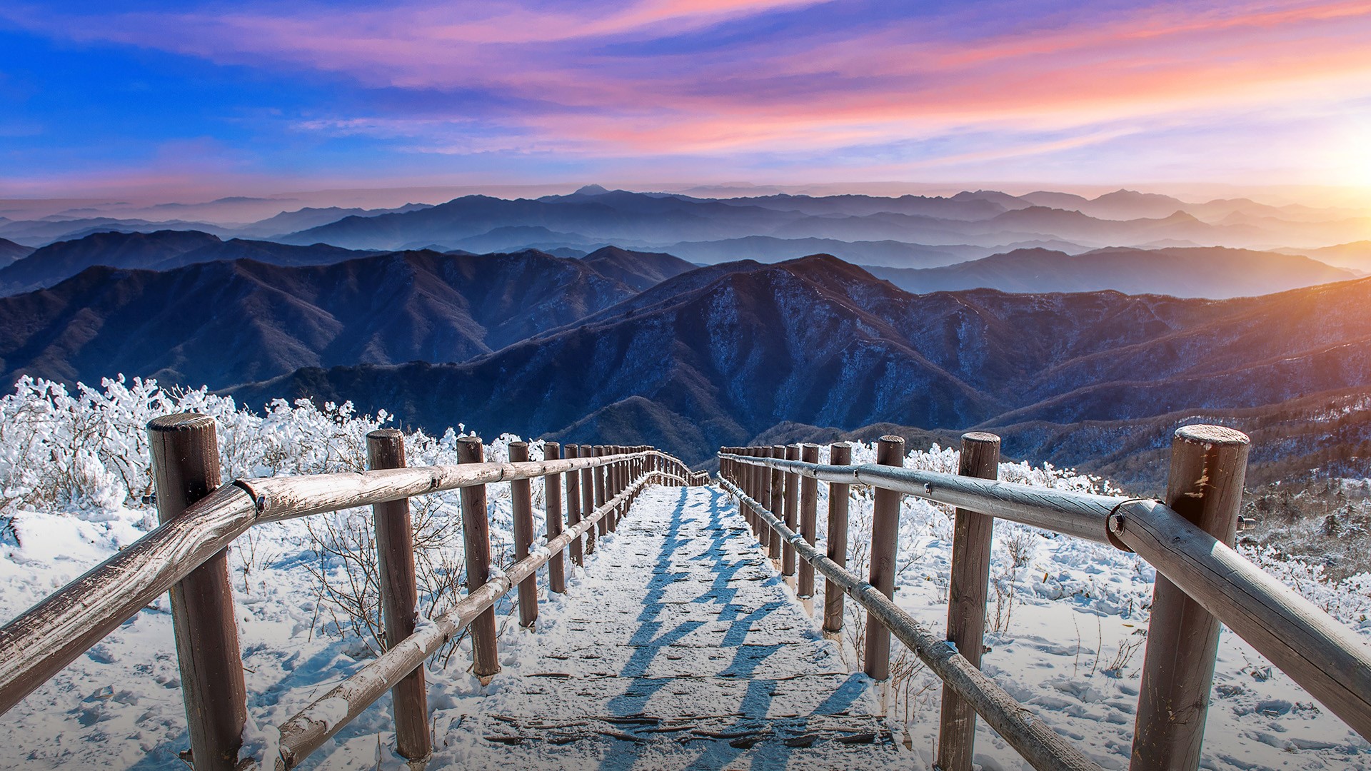 General 1920x1080 landscape nature mountains snow fence clouds sky dawn path stairs plants mist Deogyusan South Korea