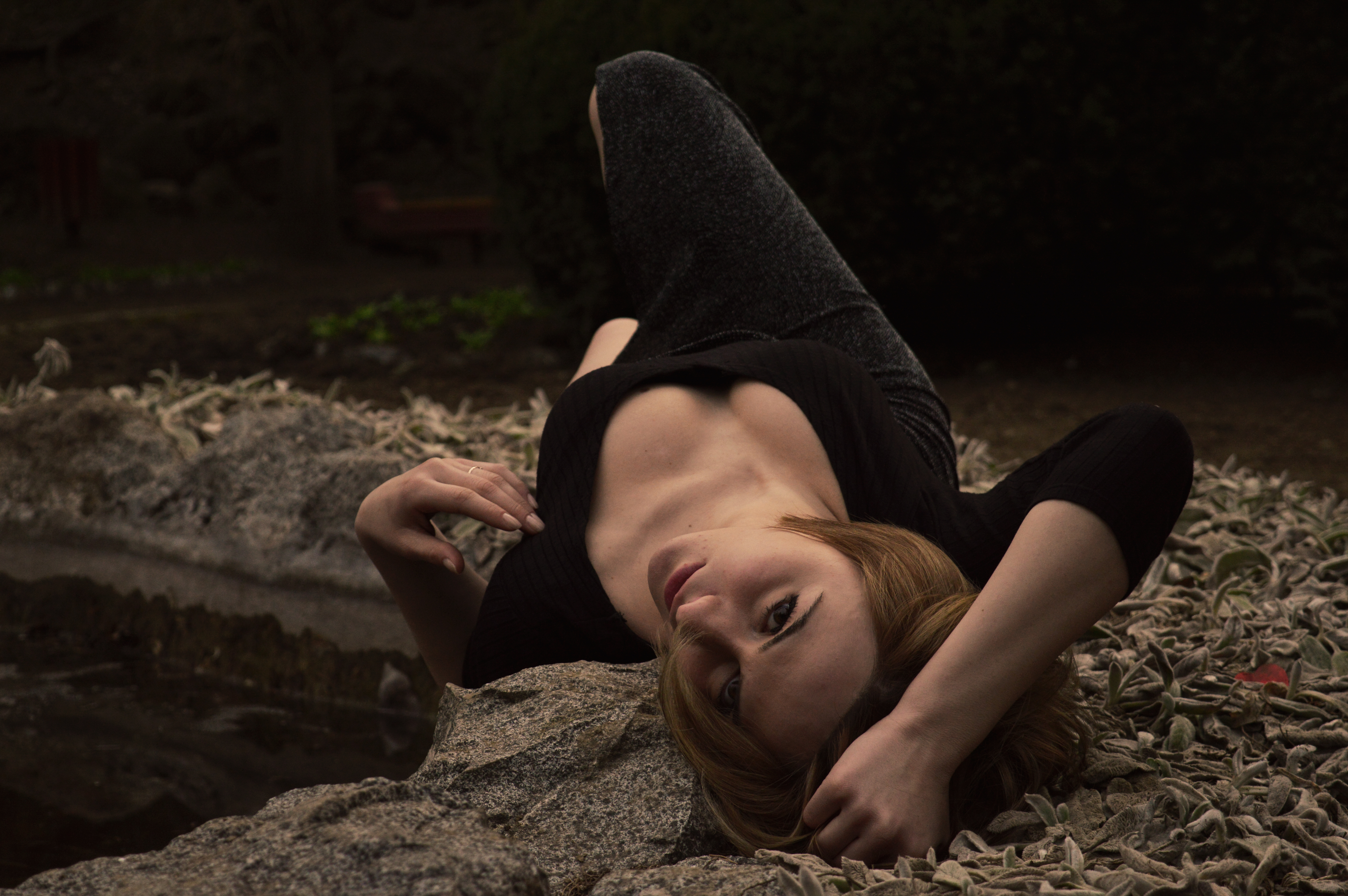 People 6016x4000 women lying down looking at viewer black clothing lying on back cleavage depth of field women outdoors looking up hands on head hands in hair on the ground