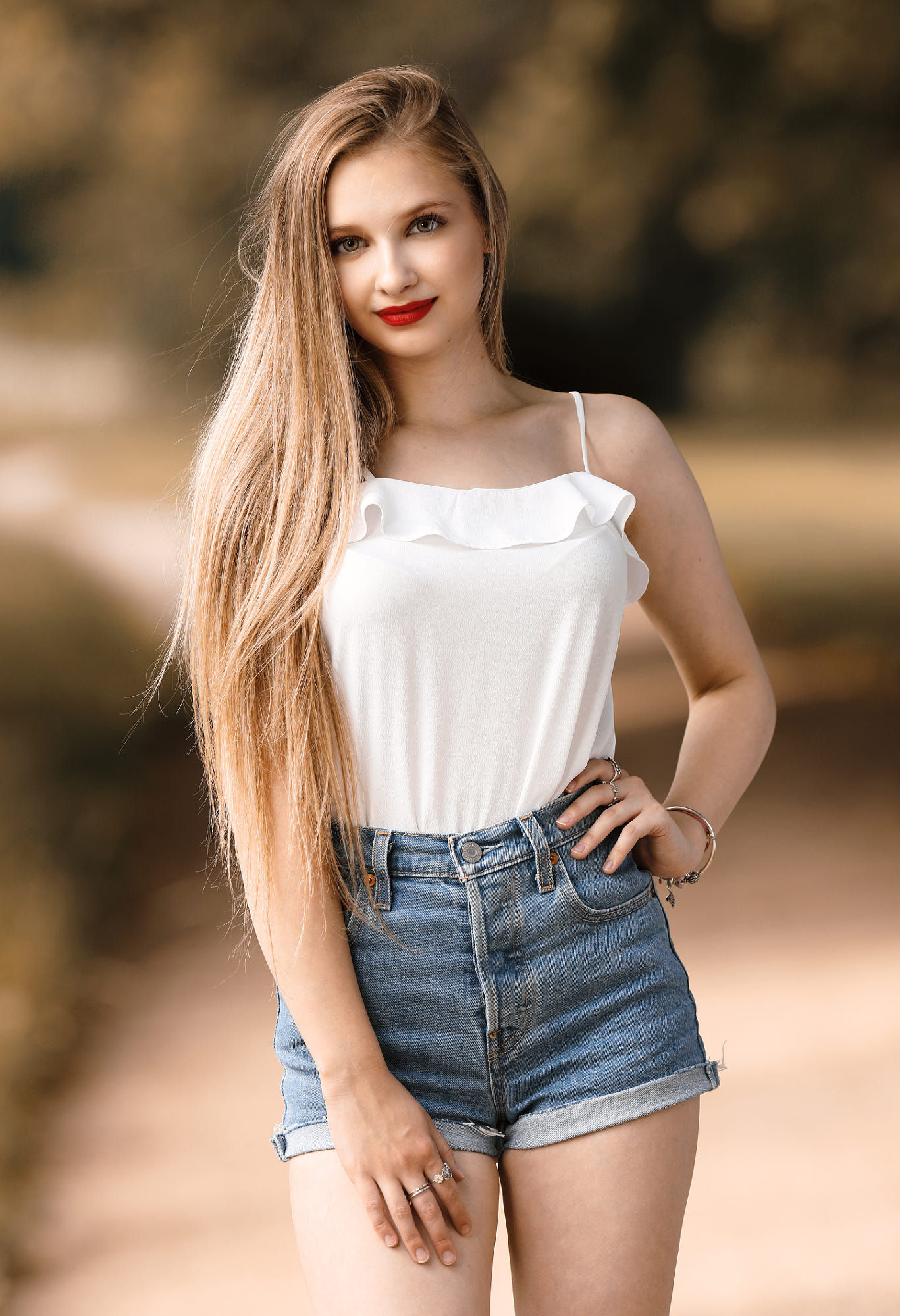 People 1367x2000 portrait display blonde long hair white tops bare shoulders women red lipstick depth of field bokeh high waisted shorts women outdoors jean shorts looking at viewer blurred straight hair ass