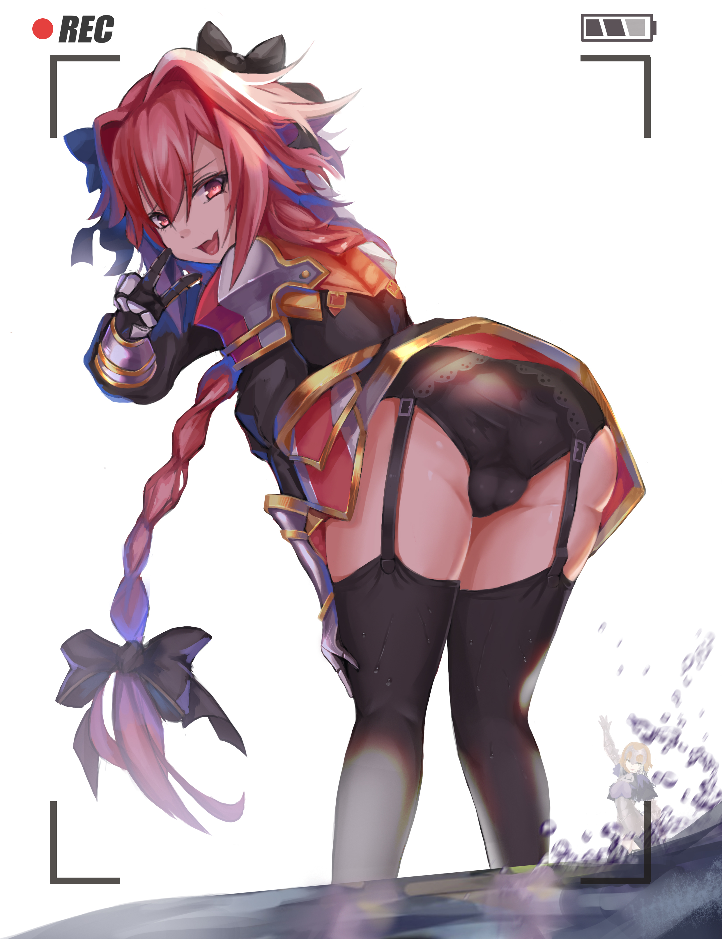 Anime 2480x3226 Fate series Fate/Apocrypha  long hair pink hair anime boys braids black stockings Astolfo (Fate/Apocrypha) smiling fan art digital art phone camera femboy black panties armor thighs cameltoe ecchi underbutt upskirt open mouth black ribbons garter straps low-angle wet clothing looking at viewer 2D looking back rear view anime portrait display Fate/Grand Order pink eyes bulge