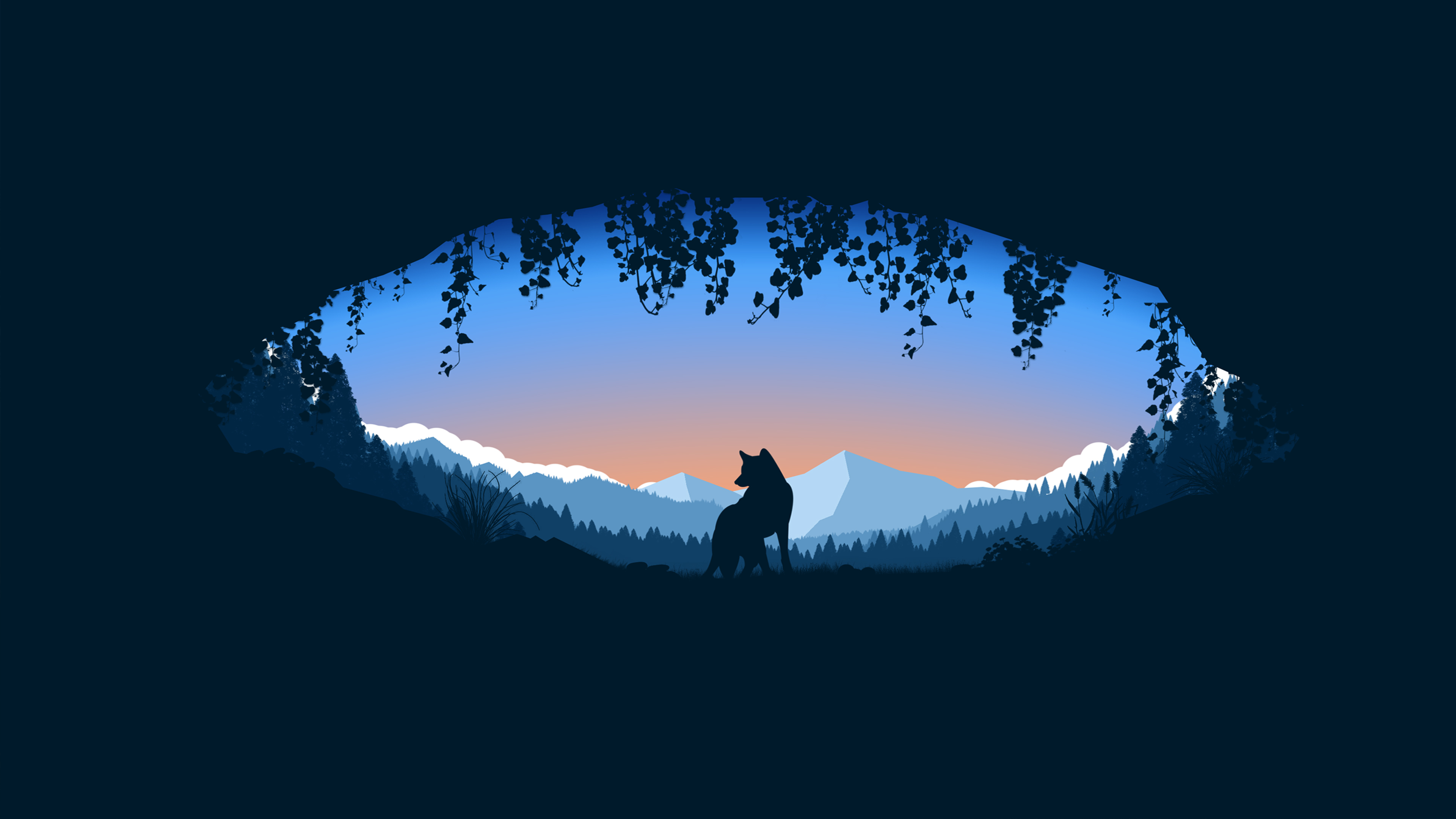 General 3840x2160 cave wolf artwork minimalism simple background silhouette sky mountains plants trees