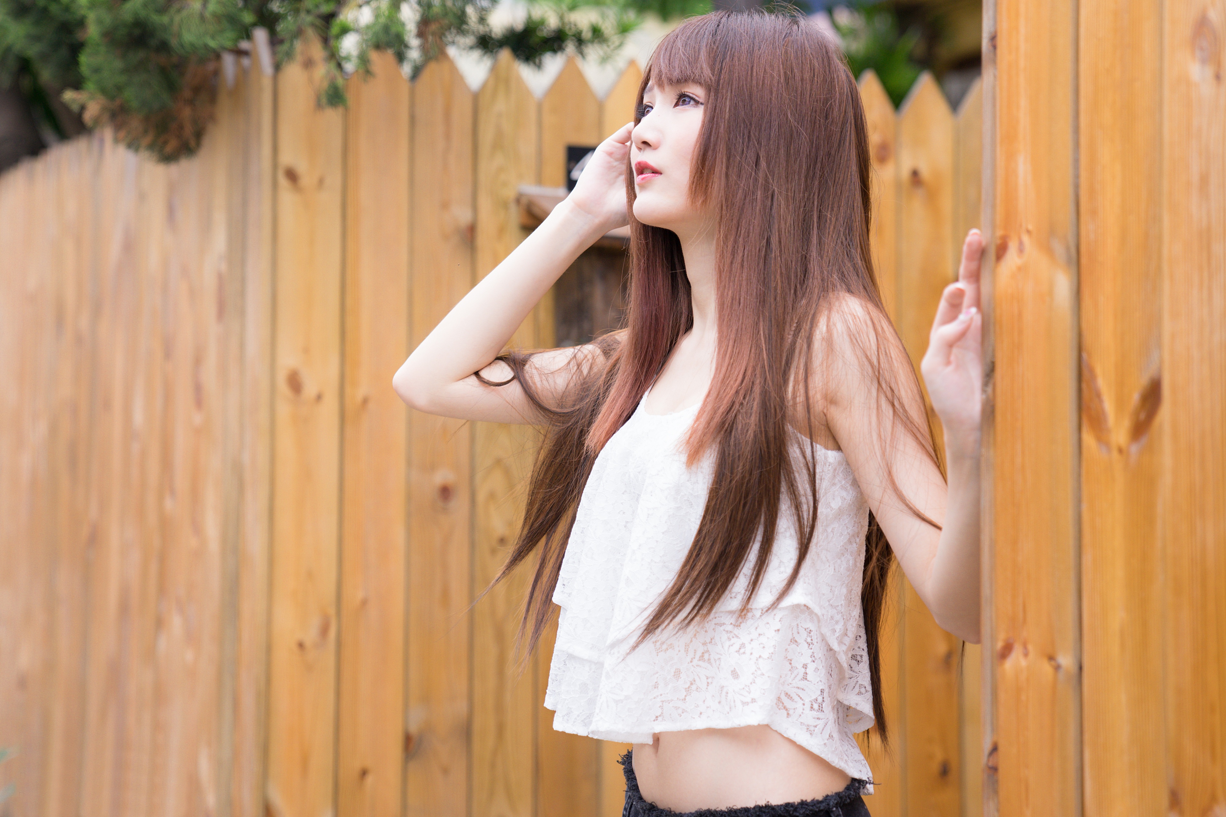 People 4000x2667 Asian women model long hair brunette white tops belly button looking into the distance wood fence