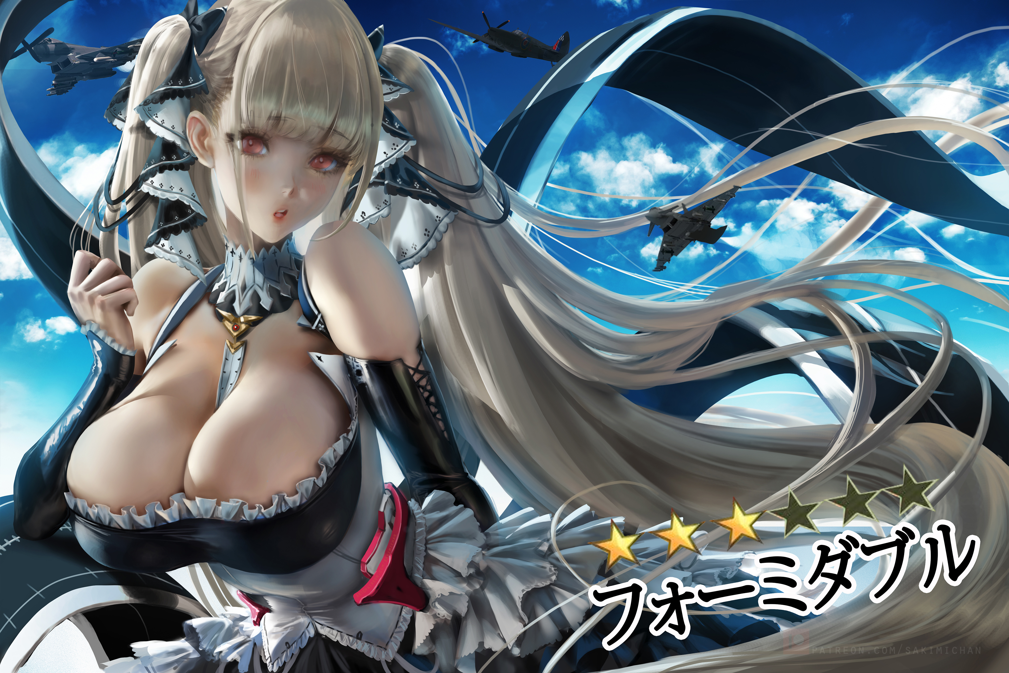 Anime 3500x2333 Formidable (Azur Lane) Azur Lane video games anime anime girls video game characters blonde twintails long hair bangs bare shoulders cleavage big boobs dress blushing looking at viewer open mouth sky clouds aircraft fantasy girl artwork drawing digital art illustration fan art Sakimichan curvy