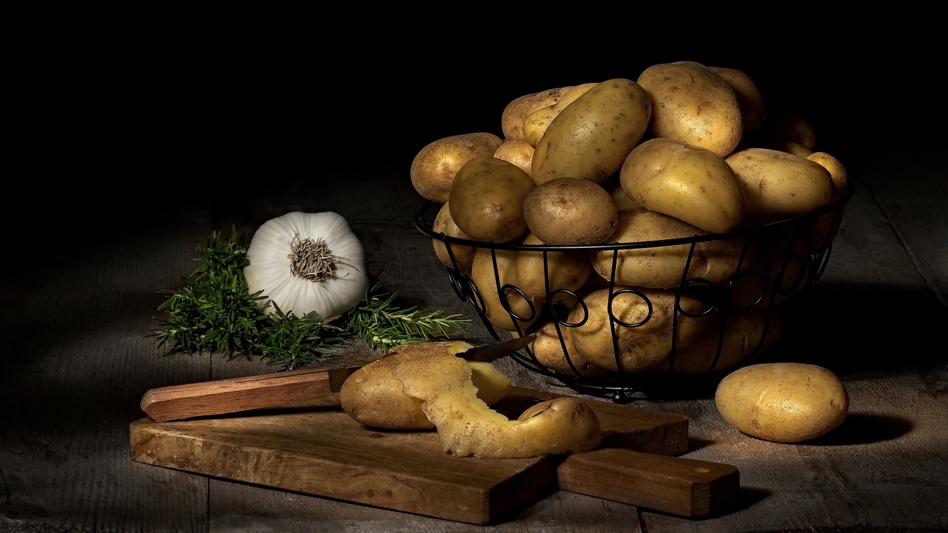 General 1920x1080 still life potatoes vegetables food Garlic cutting board knife baskets rosemary