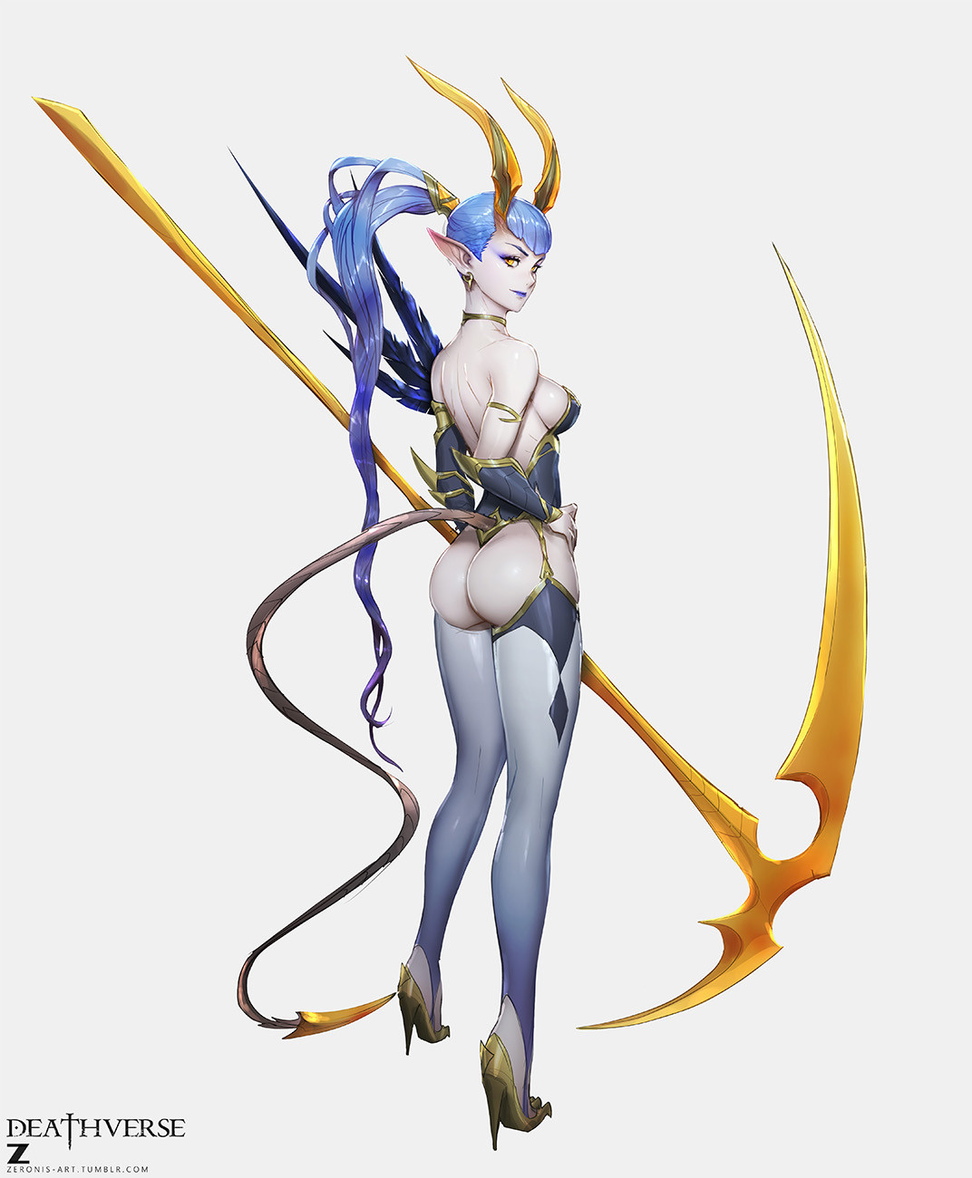 General 1072x1300 Zeronis drawing women blue hair ponytail horns elves jewelry earring tail succubus ass shoes high heels dress lingerie weapon scythe simple background white background looking back