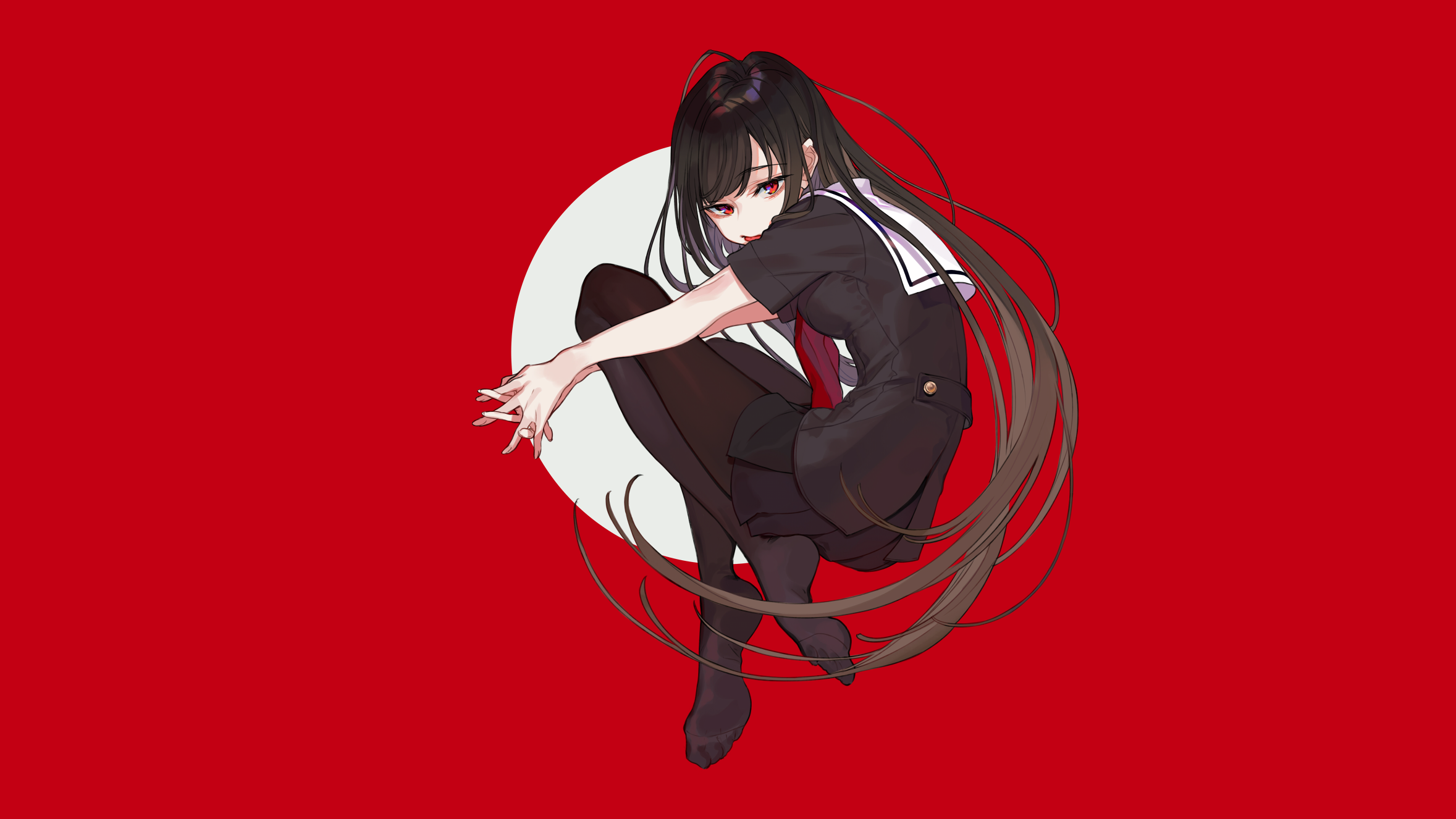 Anime 2357x1326 anime girls anime original characters red background schoolgirl school uniform sailor uniform brunette long hair red eyes looking at viewer pantyhose circle simple background 2D artwork illustration digital art drawing red