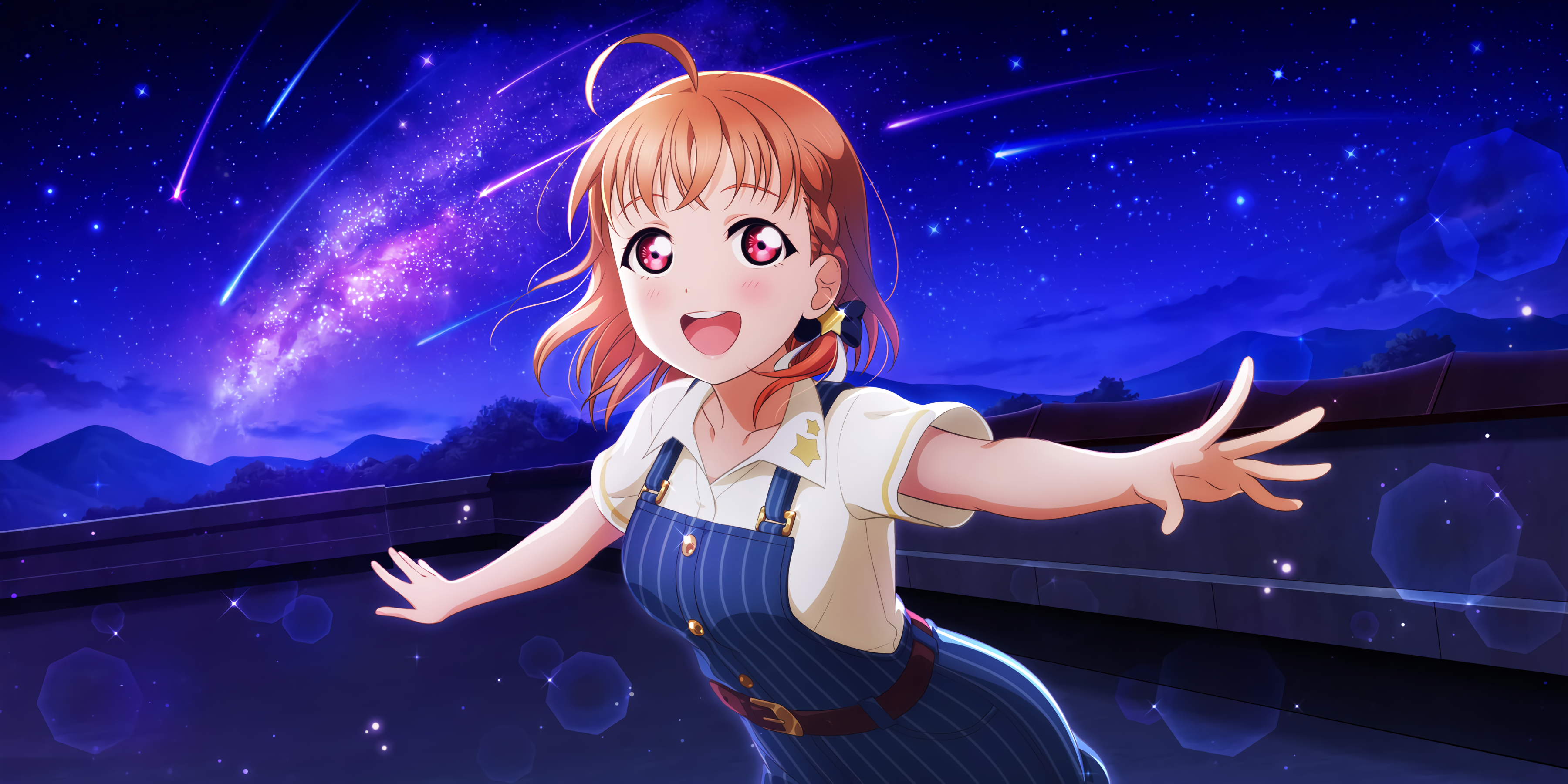 Anime 3600x1800 Love Live! Love Live! Sunshine stars sky outdoors night red eyes open mouth anime girls anime Takami Chika