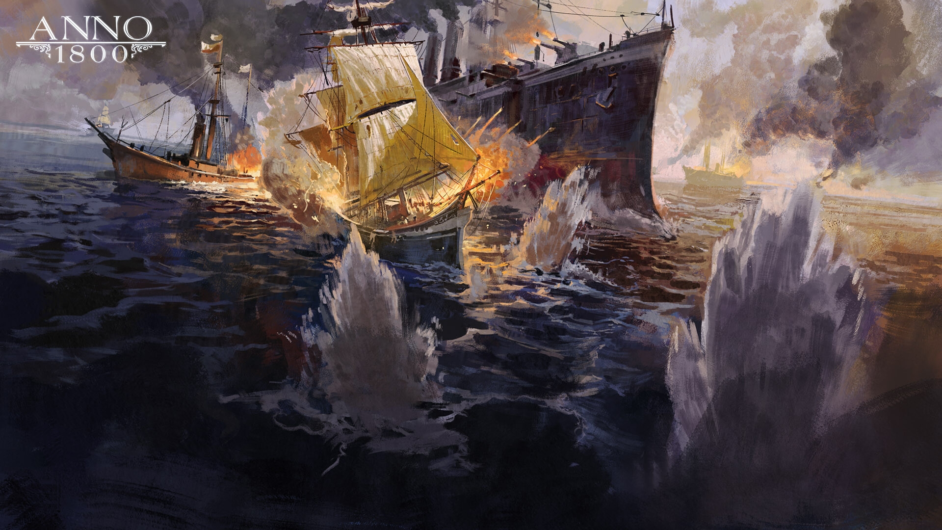 General 1920x1080 Anno 1800 1800s digital art concept art artwork Ubisoft sailing ship Battleships ocean battle explosion