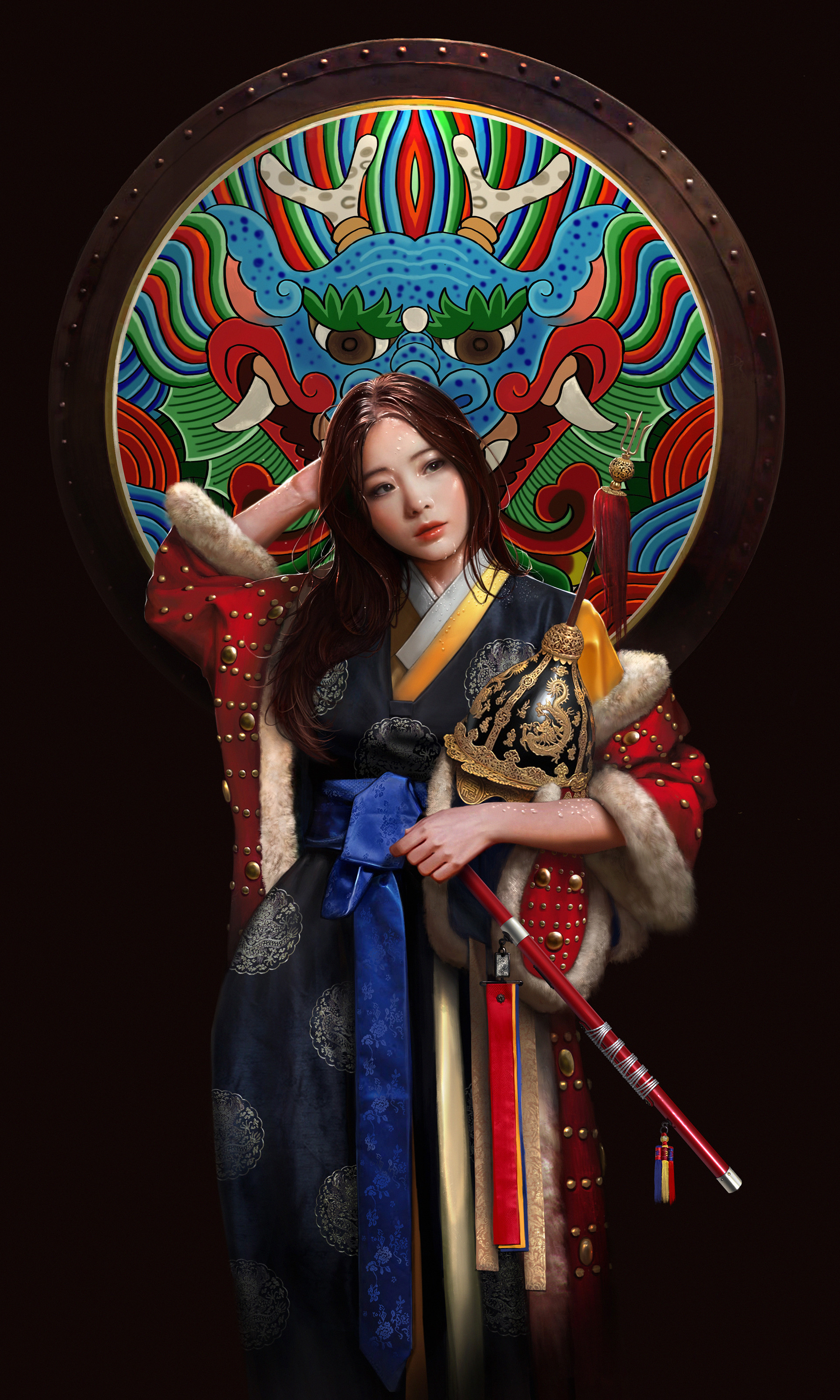 General 1920x3200 Asian artwork digital art women dragon dress looking away crown symbols shield Chinese dragon