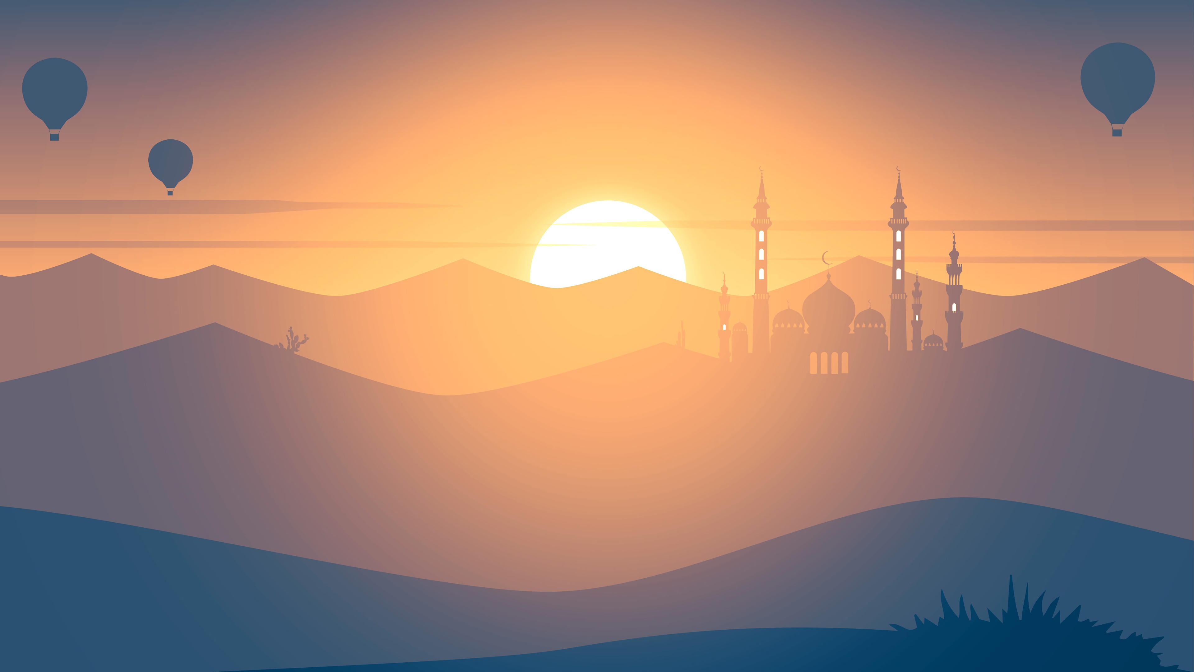 General 3840x2160 digital art landscape mosque sunset mountains minimalism illustration hot air balloons