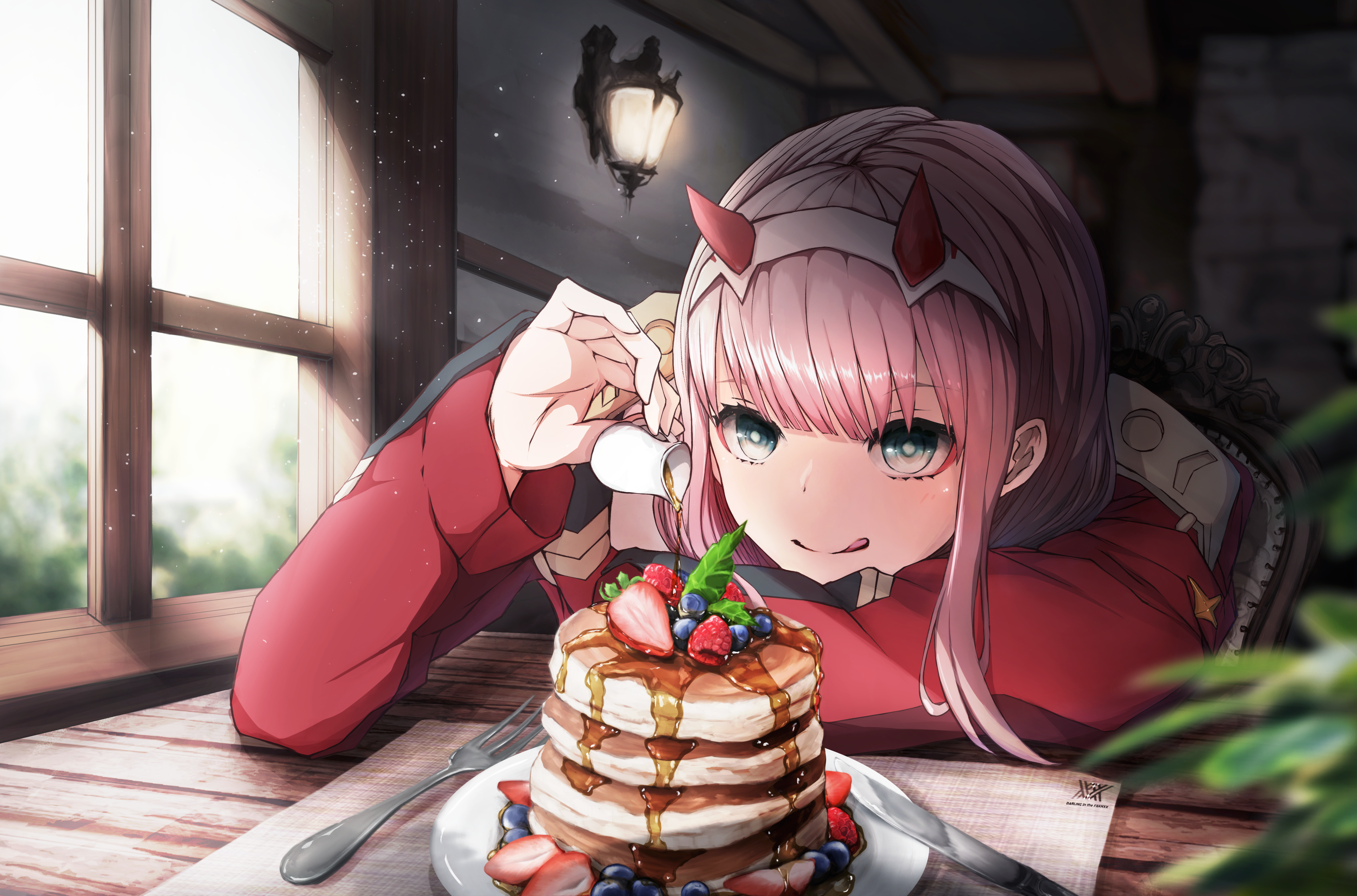 Anime 4321x2853 Darling in the FranXX anime girls pink hair anime girls eating blue eyes Zero Two (Darling in the FranXX) horns long hair 2D aqua eyes tongue out pancakes honey blunt bangs military uniform smiling blushing sunlight fan art knife and fork happy face strawberries