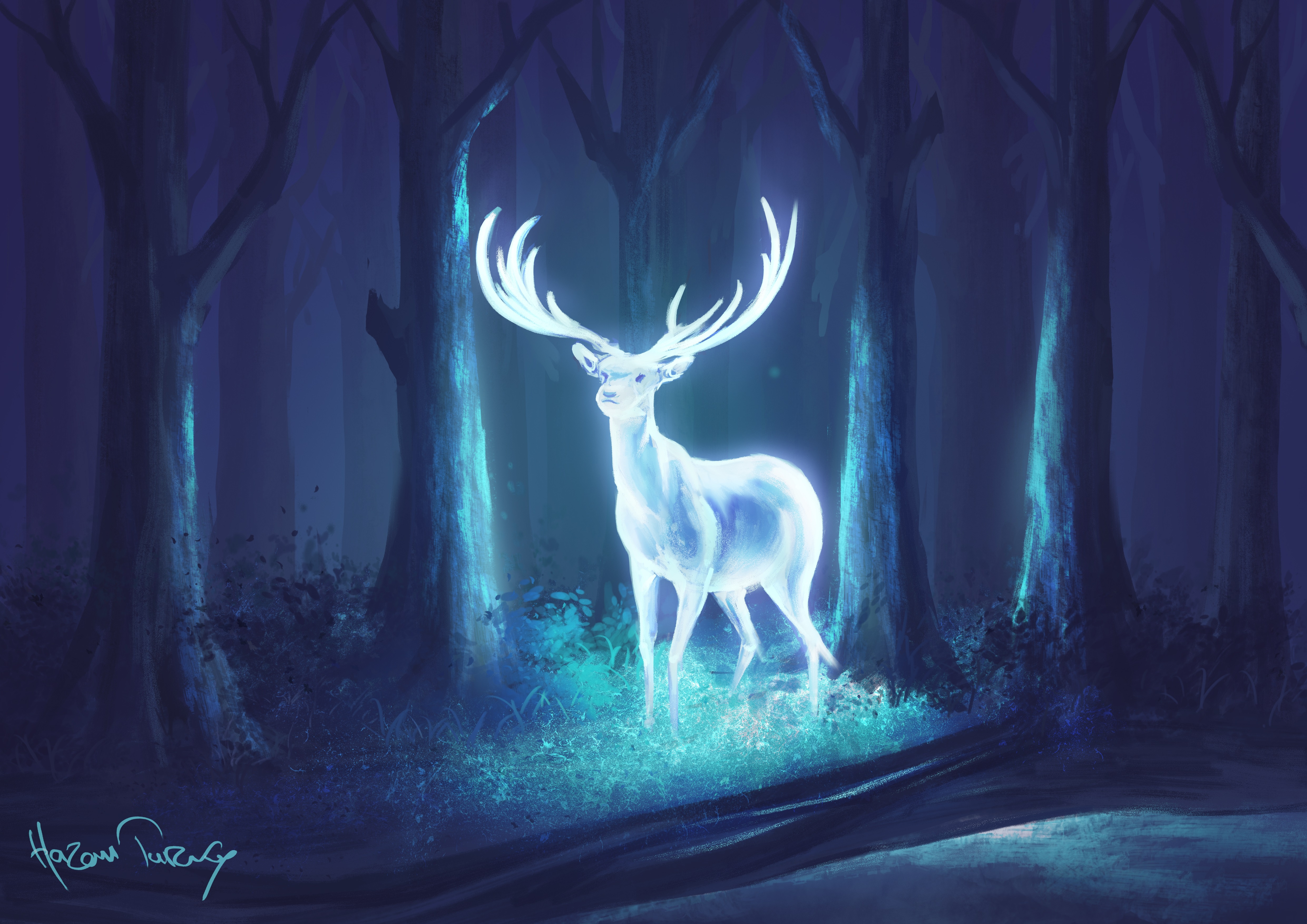 General 4961x3508 digital art deer forest neon fantasy art blue cyan