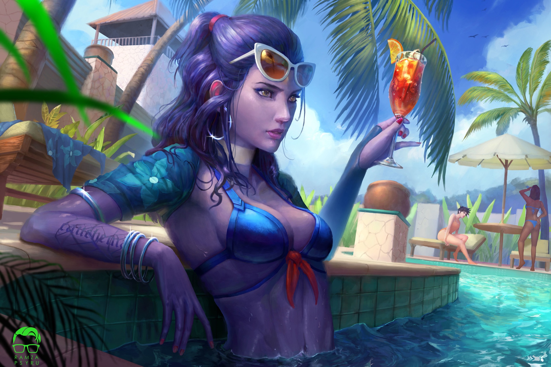General 1920x1280 artwork women sunglasses cocktails purple hair bracelets swimming pool Overwatch Widowmaker (Overwatch) video game characters video game girls yellow eyes ponytail