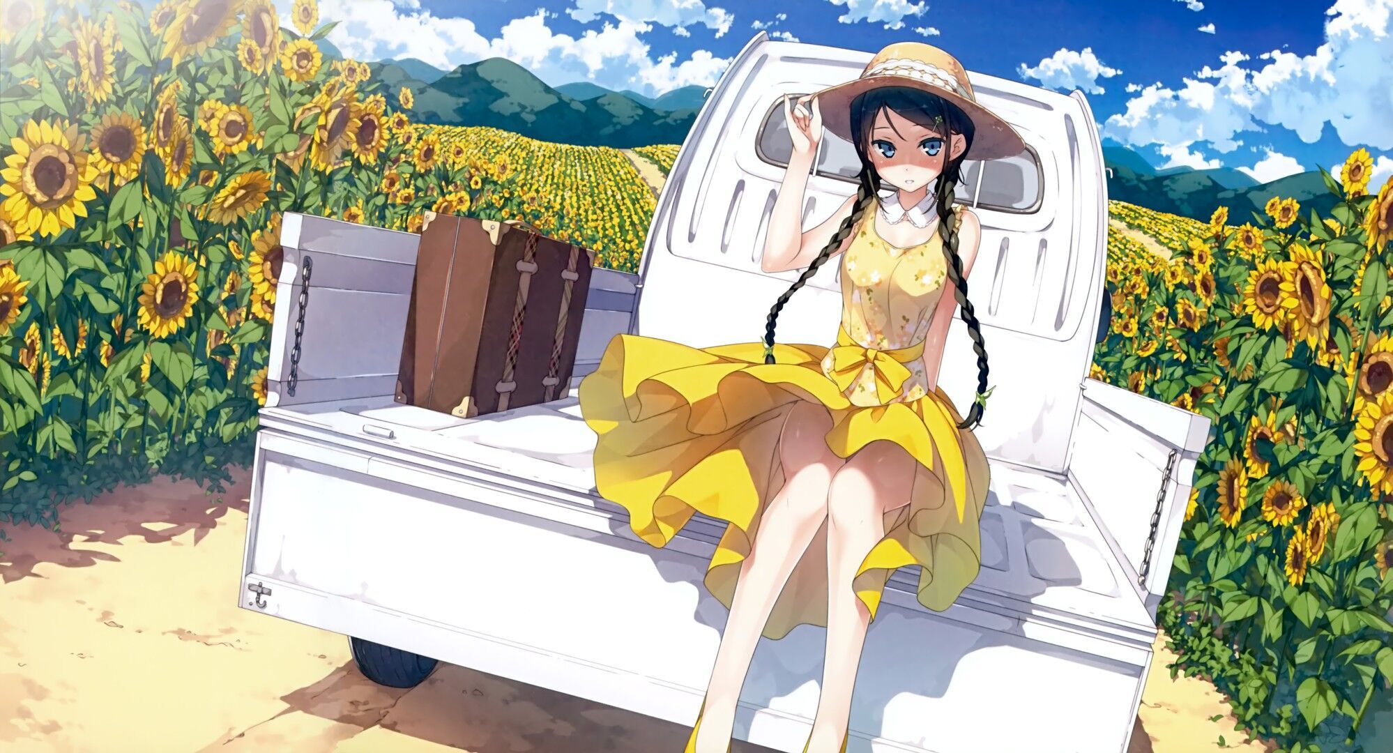 Anime 1998x1080 anime girls anime artwork Kantoku flowers sunflowers field yellow dress twintails blue eyes black hair straw hat legs looking at viewer clouds mountains