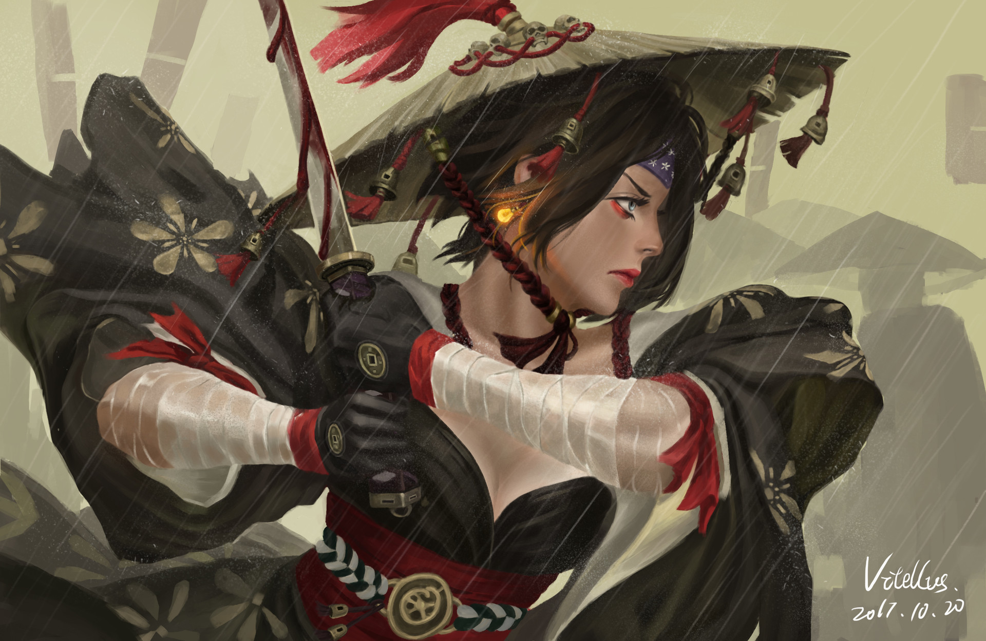 General 1920x1249 GUWEIZ samurai katana digital art fantasy girl warrior blood fantasy art 2017 (Year) rain dark hair black hair digital painting fantasy painting