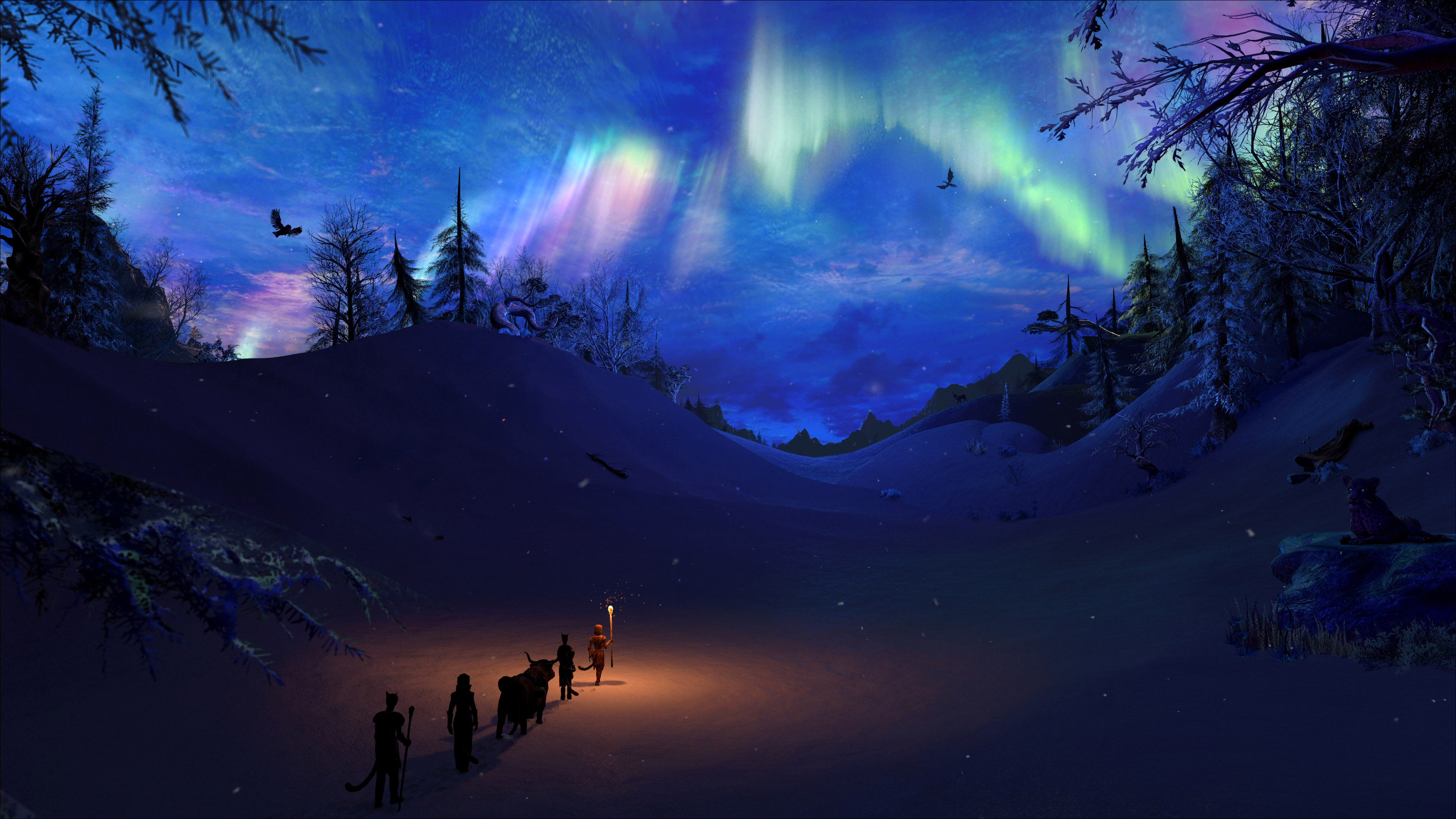 General 3840x2160 artwork snow fantasy art night landscape The Elder Scrolls V: Skyrim aurorae digital art