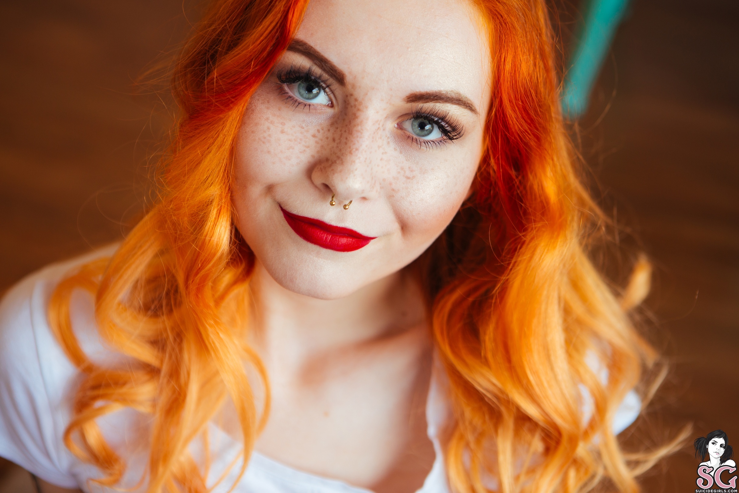 People 2432x1621 Loveless suicide redhead Suicide Girls women model women indoors face pierced nose bokeh looking at viewer red lipstick freckles pale white shirt gray eyes piercing closeup watermarked