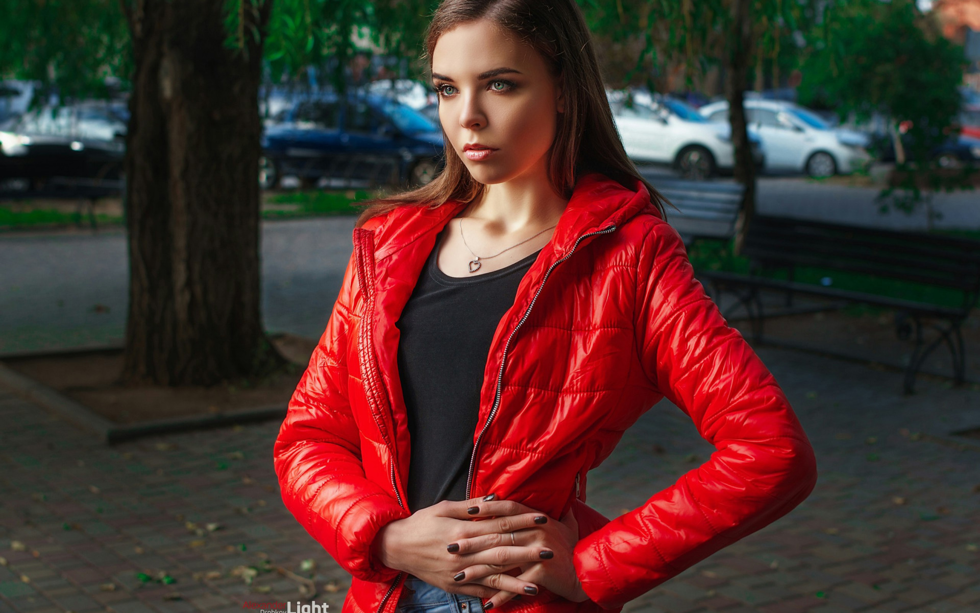 People 1920x1200 women model brunette Alexander Drobkov red jackets jacket open jacket public black top necklace heart necklace park urban women outdoors