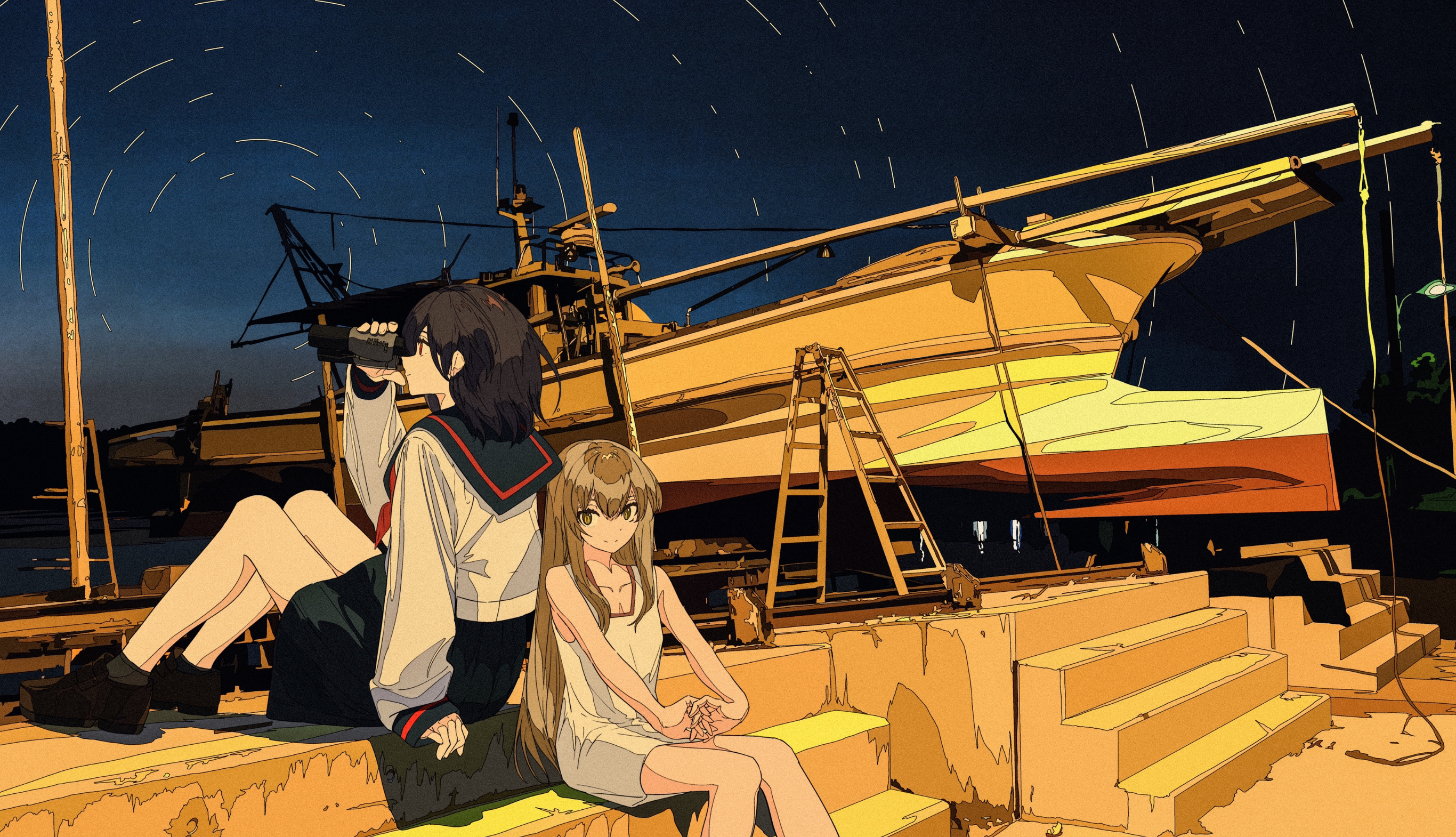 Anime 2732x1570 anime anime girls original characters moescape artwork Cogecha school uniform dress ship boat