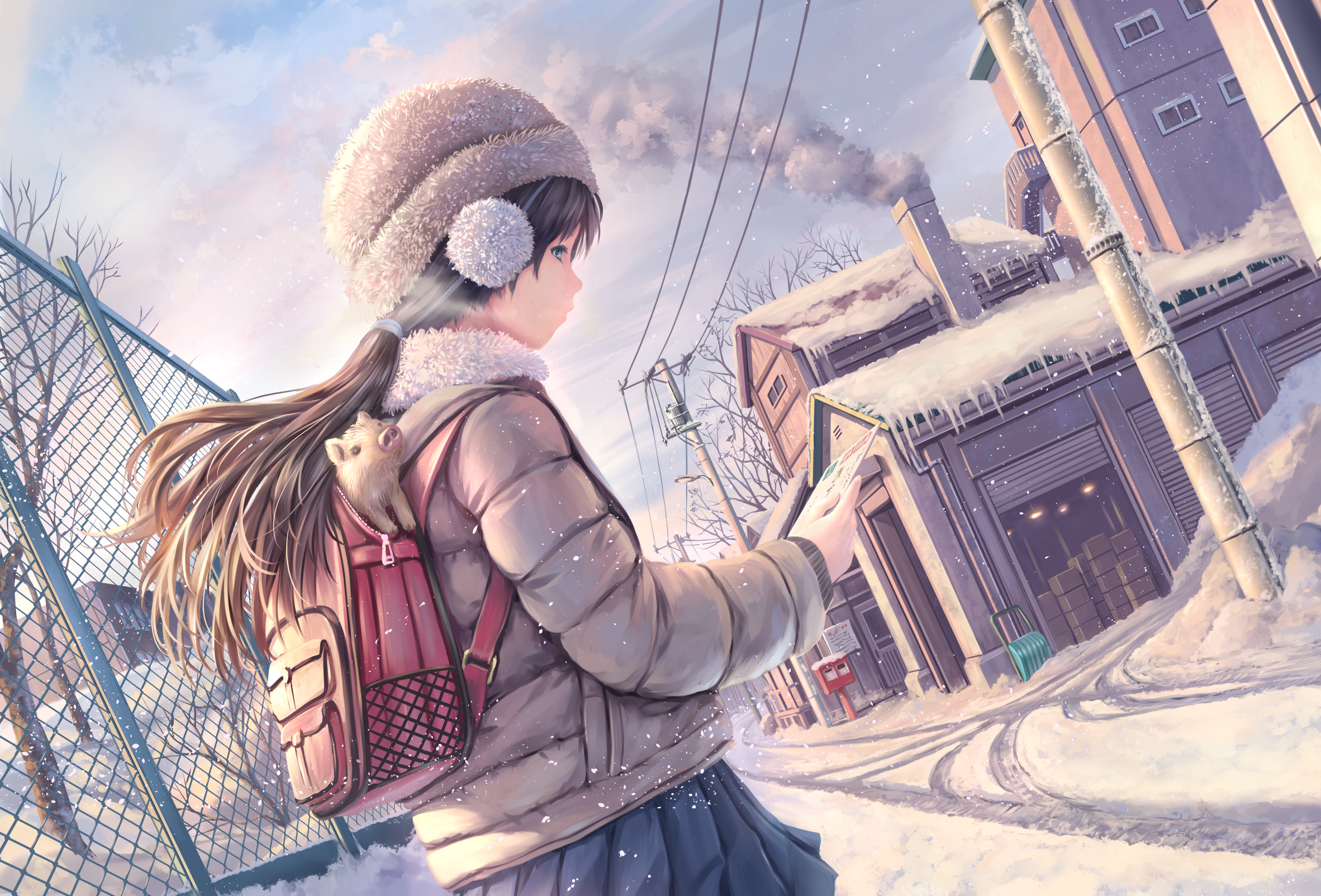 Anime 2364x1604 brunette long hair snow winter backpacks snow covered