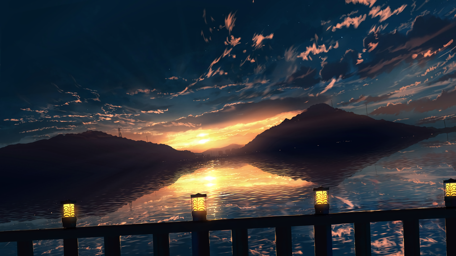 Anime 1920x1080 water clouds sunset hills