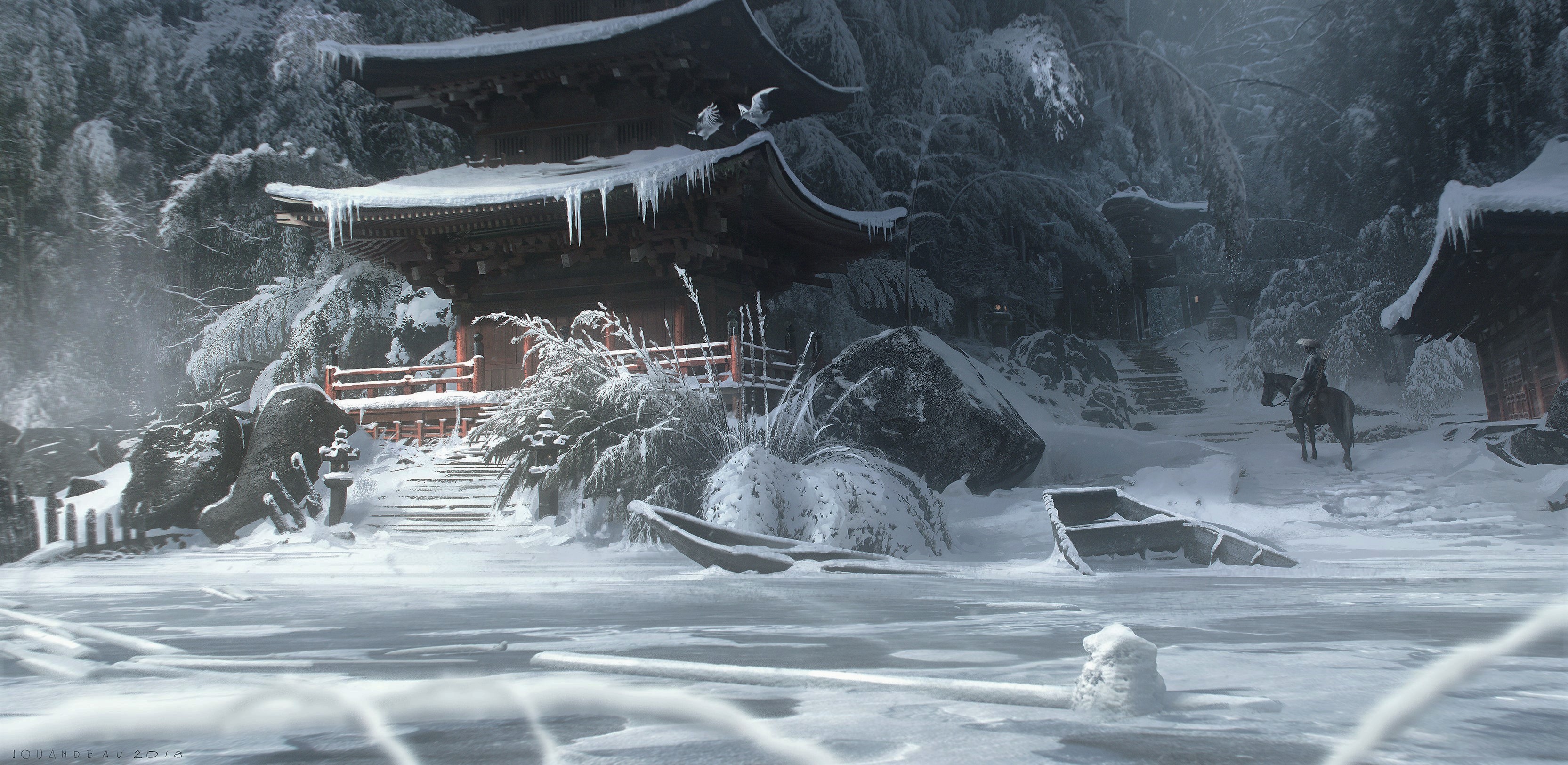General 3330x1624 Romain Jouandeau Ghost of Tsushima  temple snow digital art