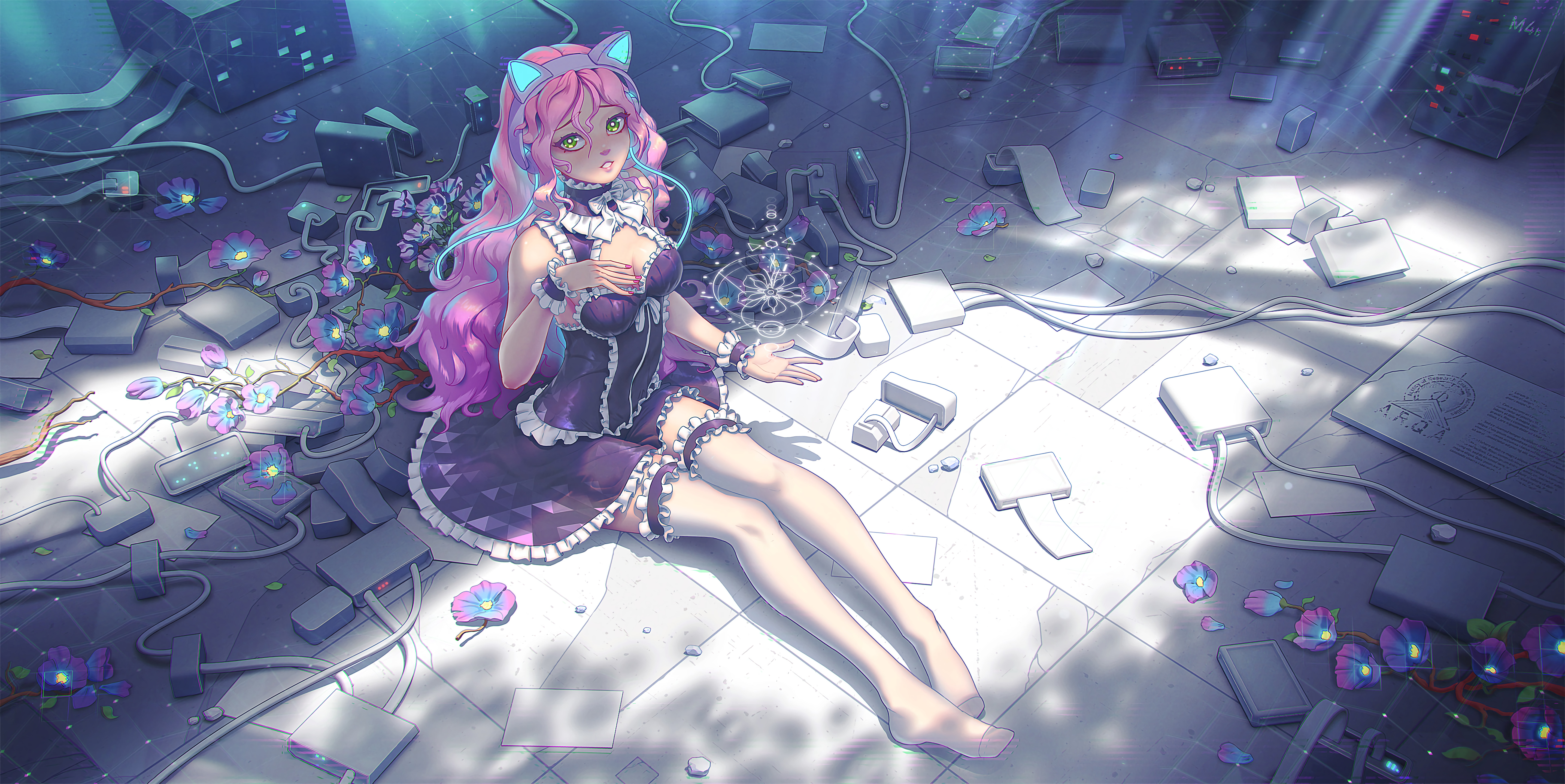 Anime 5744x2880 anime cat girl flowers cyber cybergirl cyberpunk 4K