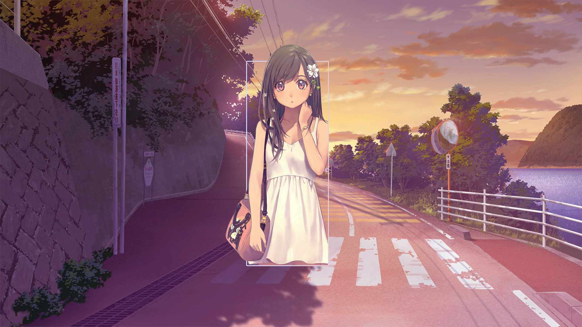 Anime 1920x1080 anime anime girls street afternoon road digital art picture-in-picture trees sun dress brunette