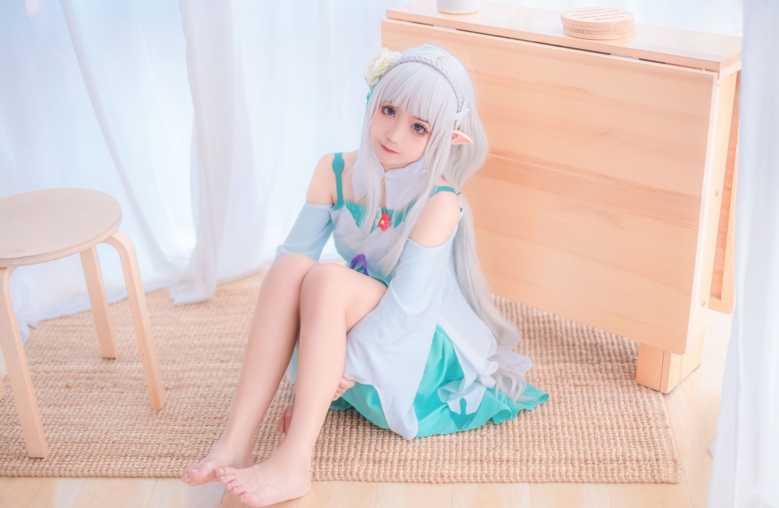 People 2698x1758 cosplay women knees together model barefoot sitting pointy ears fantasy girl makeup dress women indoors indoors looking at viewer legs long hair flower in hair Asian Emilia (Re: Zero) pointed toes