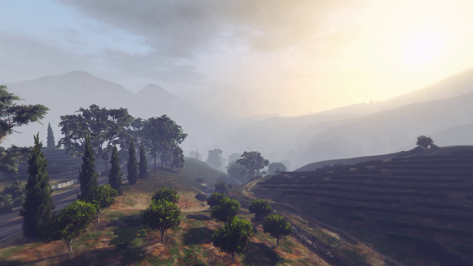 General 1920x1080 trees sunrise Mount Chiliad Grand Theft Auto V Grand Theft Auto Online Tongva Hills video games Rockstar Games hills
