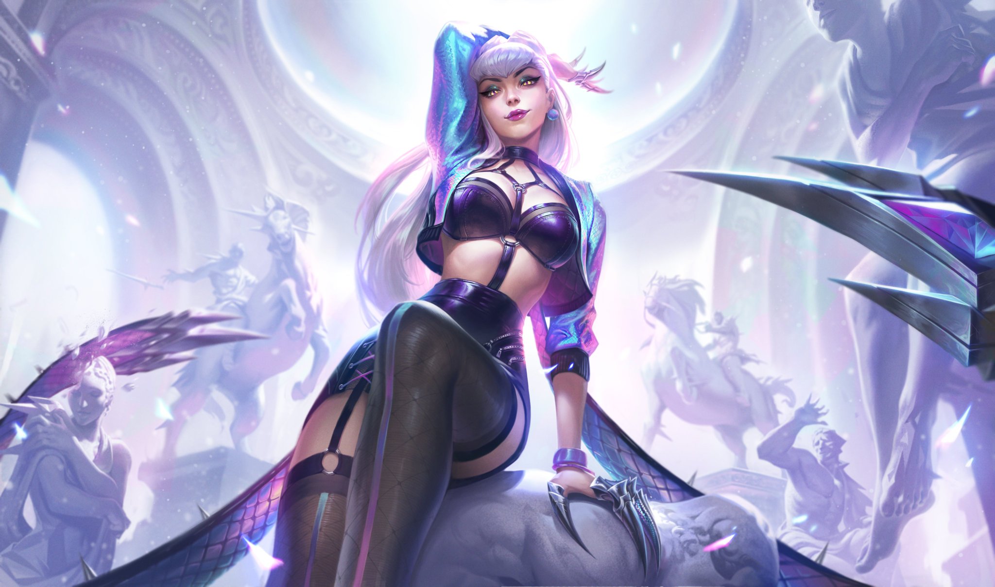 General 2048x1209 Evelyn League of Legends PC gaming video game art video game girls stockings legs bra makeup looking at viewer claws sitting Evelynn (League of Legends) K/DA Riot Games yellow eyes