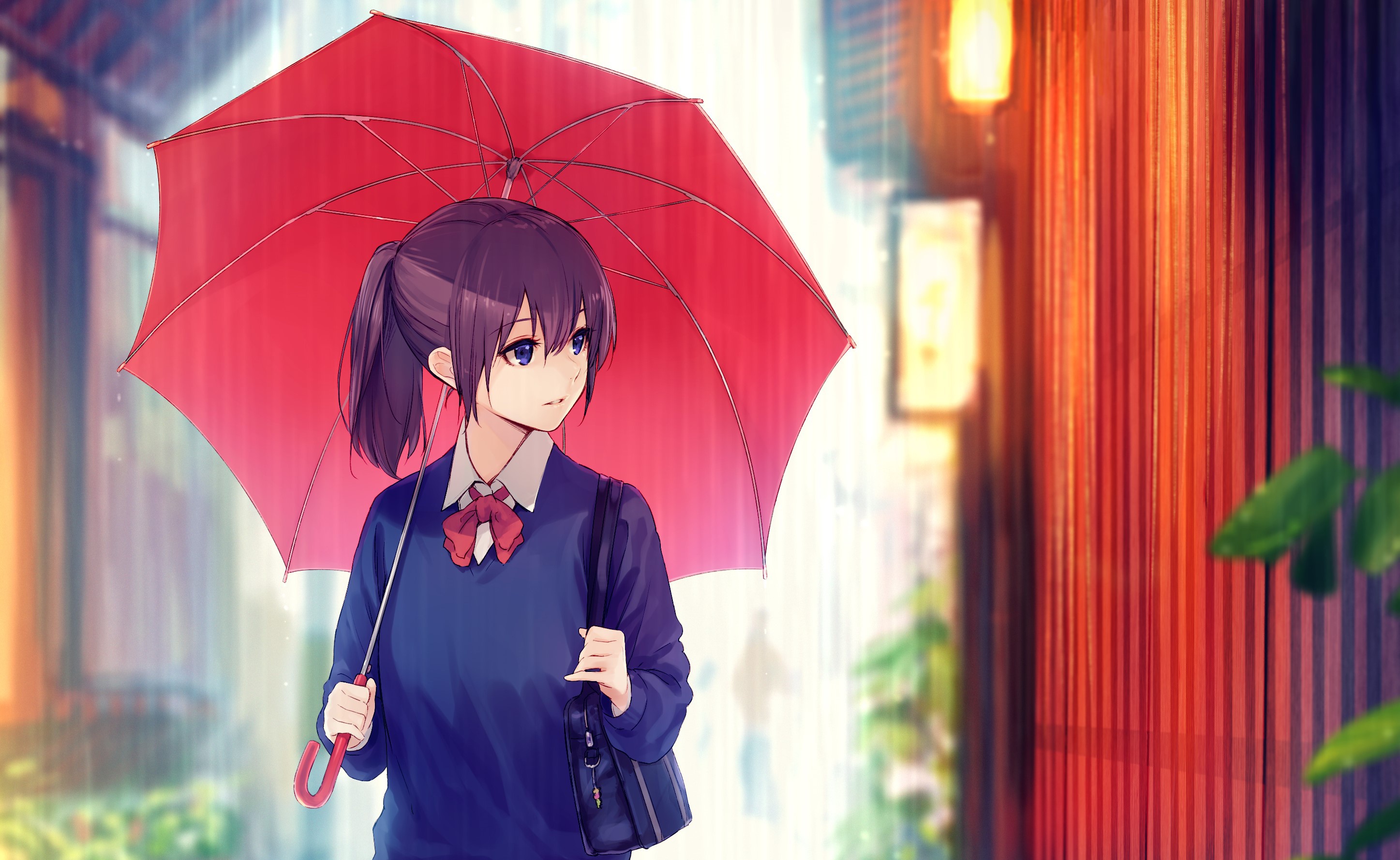 Anime 2894x1778 anime girls umbrella rain purple hair looking away blue eyes women outdoors urban schoolgirl