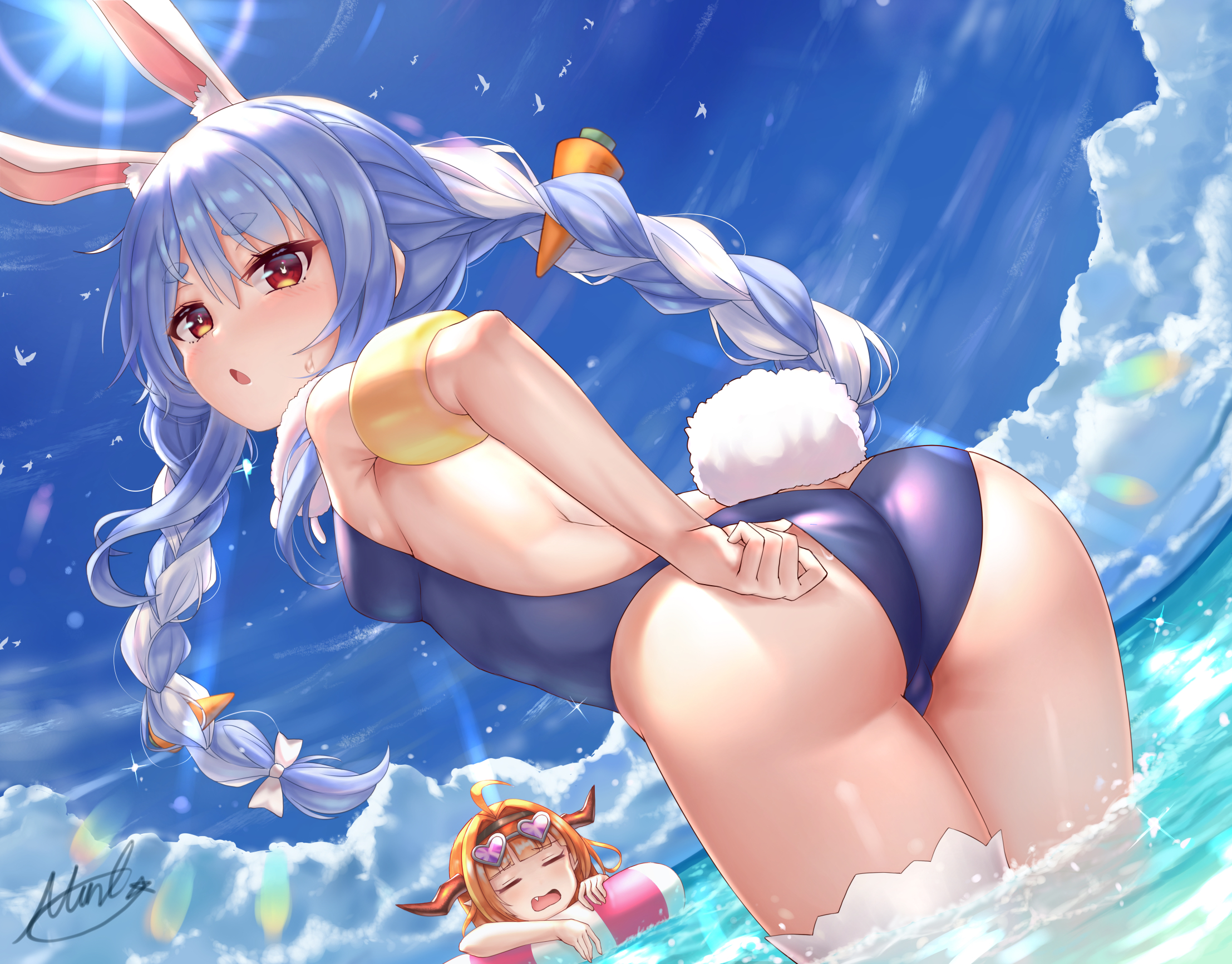 Anime 2214x1733 Usada Pekora animal ears twintails red eyes ass beach water clouds thighs blue hair blushing sunglasses bunny ears braids headband fangs Hololive swimwear bunny suit bunny girl sideboob Kiryu Coco low-angle looking below looking at viewer looking back floater Virtual Youtuber