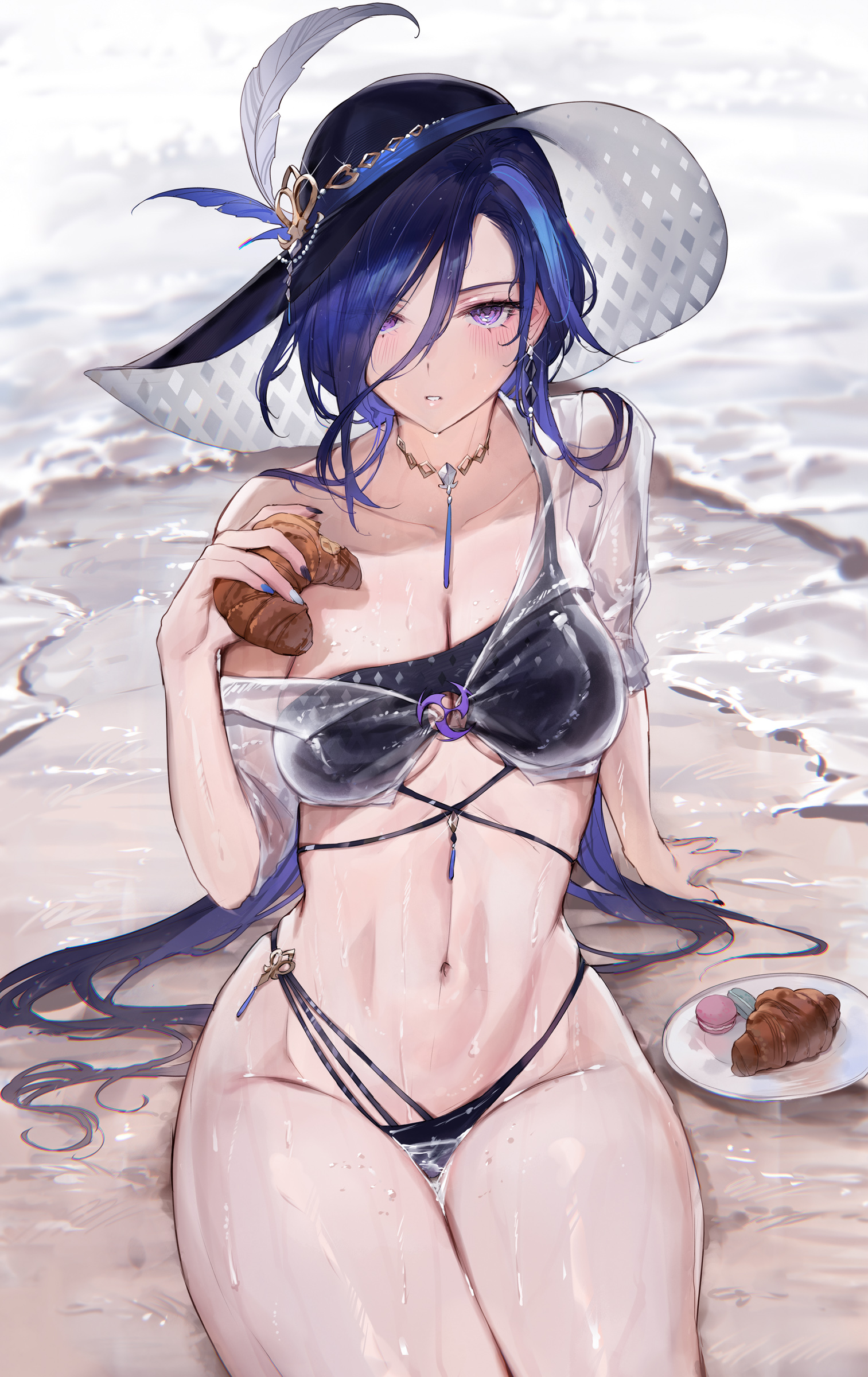 Anime 1513x2400 Genshin Impact swimwear portrait display anime girls Clorinde (Genshin Impact) see-through clothing food black bikinis purple eyes black swimsuit croissants bikini women on beach macarons Qiandaiyiyu looking at viewer plates alternate costume waves women outdoors earring dark blue hair blushing belly button necklace arm support wet body big boobs blue nails hair over one eye hat two tone hair jewelry wet clothing beach wet swimsuit sitting long hair parted lips thighs water wet