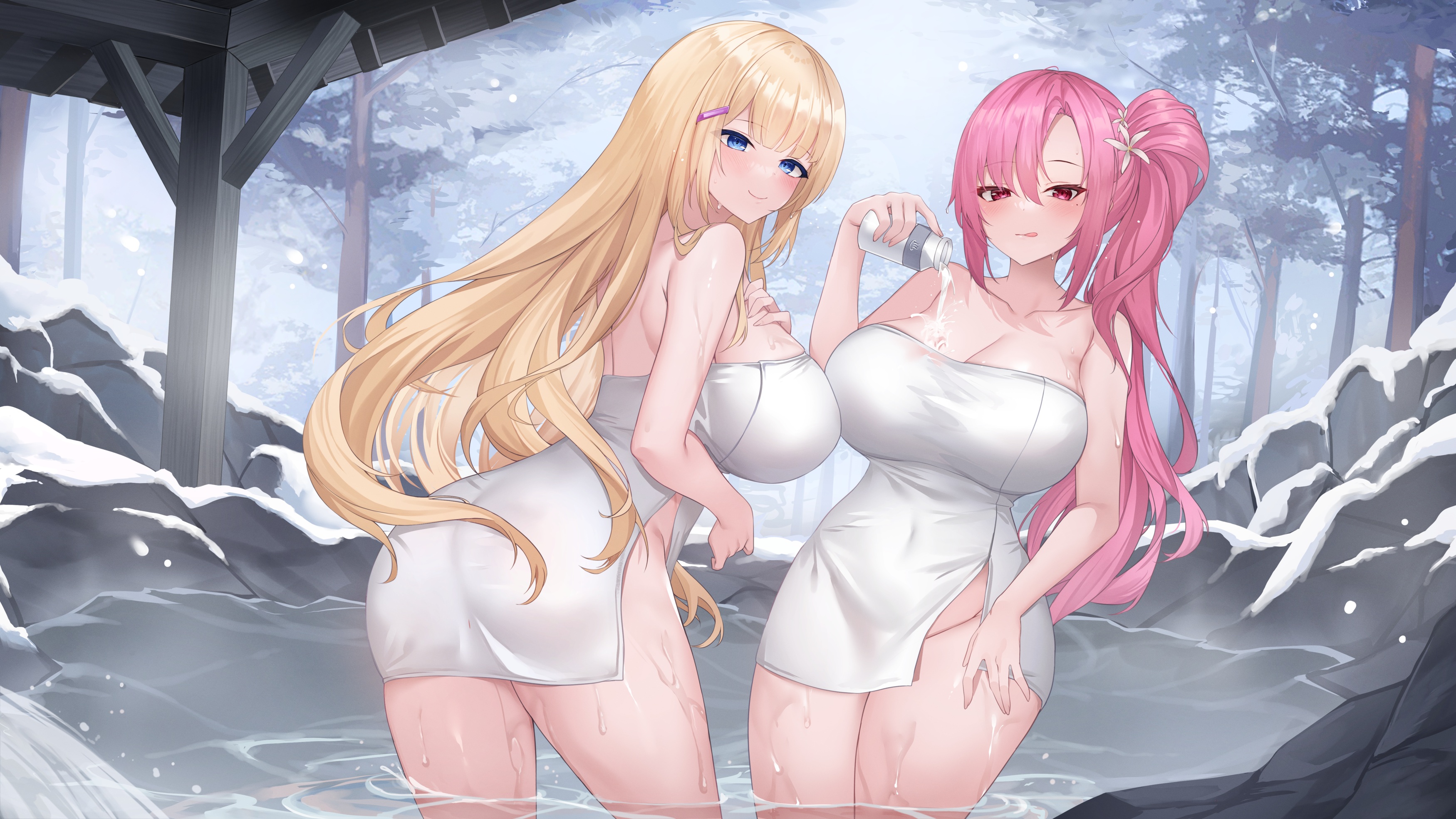 Anime 3500x1969 anime anime girls towel ass long hair big boobs tongue out smiling blushing standing in water water snow ponytail looking at viewer wet wet body trees hot spring