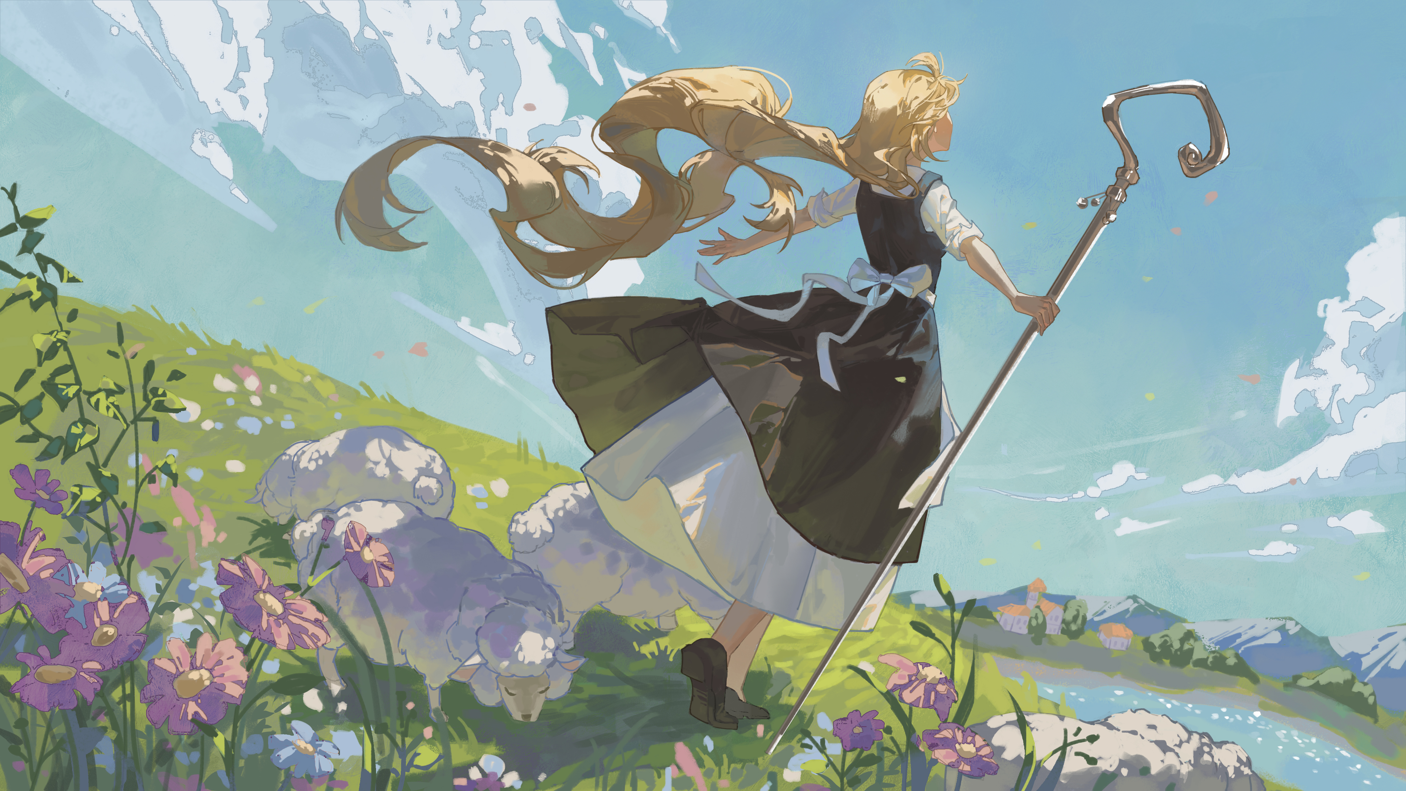 Anime 4599x2587 anime anime girls long hair blonde flowers grass sky clouds water mountains standing looking up sheep animals leaves