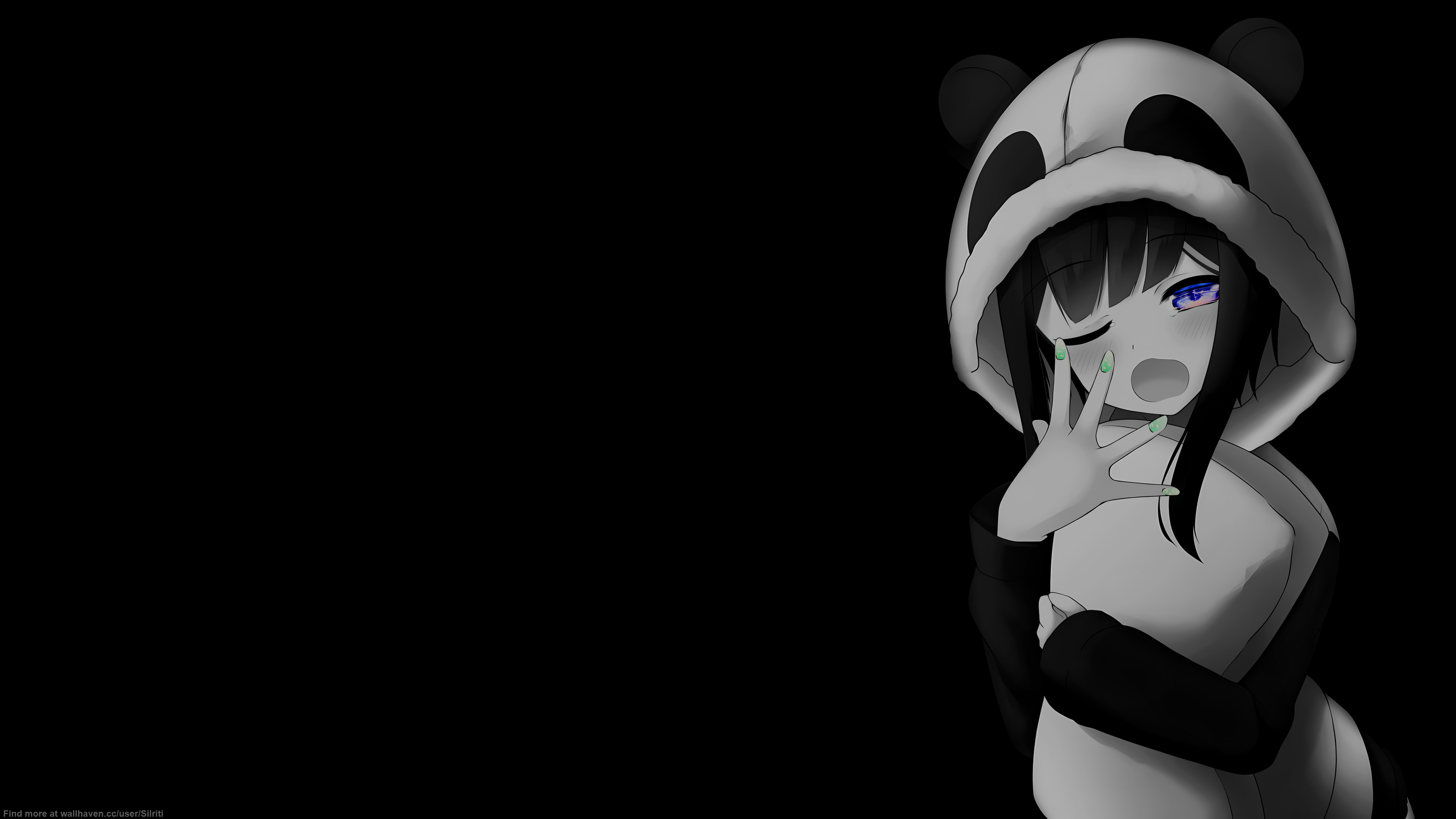 Anime 3840x2160 anime girls black background simple background selective coloring yawning minimalism blushing one eye closed pillow looking at viewer