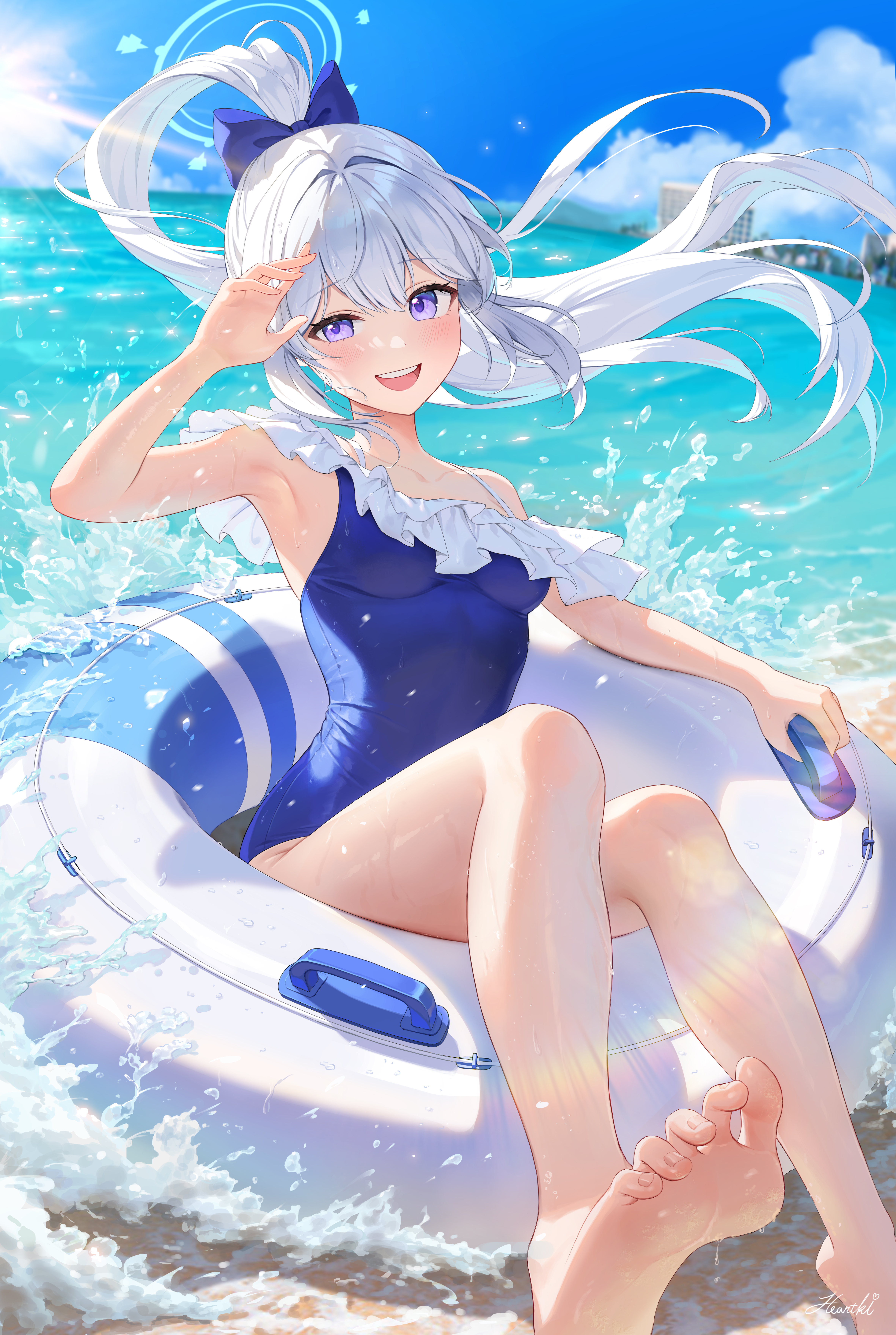 Anime 4724x7036 anime girls portrait display Blue Archive swimwear Tsukiyuki Miyako floater one-piece swimsuit wet blue swimsuit ponytail water looking at viewer purple eyes gray hair wet body foot sole barefoot sunlight women on beach sky women outdoors legs lens flare bare shoulders frills blurry background signature hair ribbon horizon water drops waves splashes Heartki open mouth armpits toes sea beach clouds feet