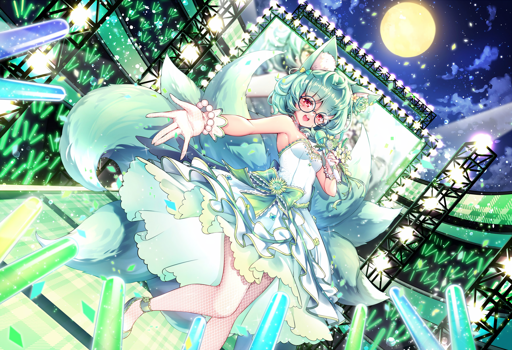 Anime 1976x1352 anime anime girls Moon singing neon night glasses dress stages stage light microphone open mouth fishnet looking at viewer short hair fox girl fox ears fox tail moonlight sky arms reaching gloves bow tie flower in hair