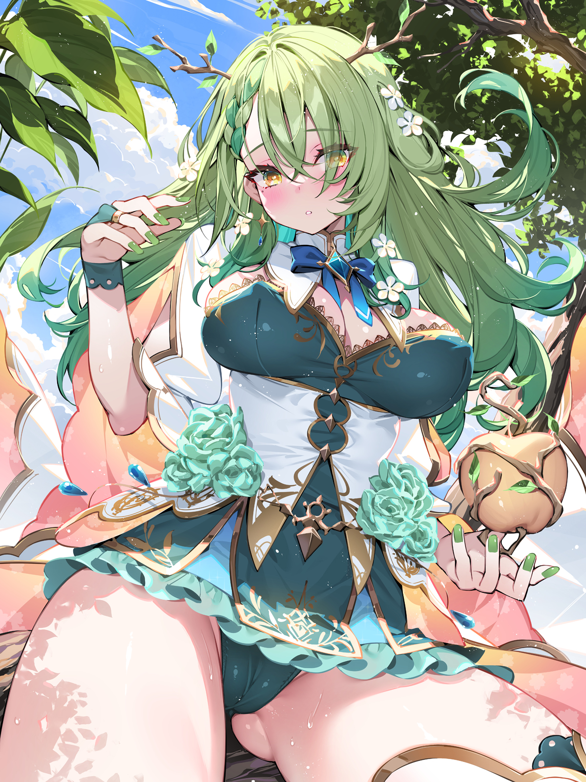 Anime 1200x1600 Hololive Ceres Fauna anime girls portrait display Virtual Youtuber antlers looking at viewer trees Waterring green nails nail polish apples yellow eyes leaves green hair long hair flower in hair fruit blushing flowers green leotard dress big boobs cleavage thick thigh cameltoe leotard women outdoors thighs clouds sky
