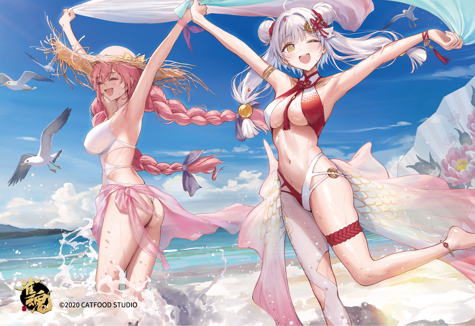 Anime 1819x1252 Mahjong Soul swimwear anime girls two women Fujita Kana (Mahjong Soul) Fu Ji (Mahjong Soul) sky beach looking at viewer one eye closed wink closed eyes straw hat Ame women on beach women outdoors birds big boobs water drops arms up holding hands one-piece swimsuit wet bikini sweaty body running horizon armpits twintails odango hairbun water clouds watermarked