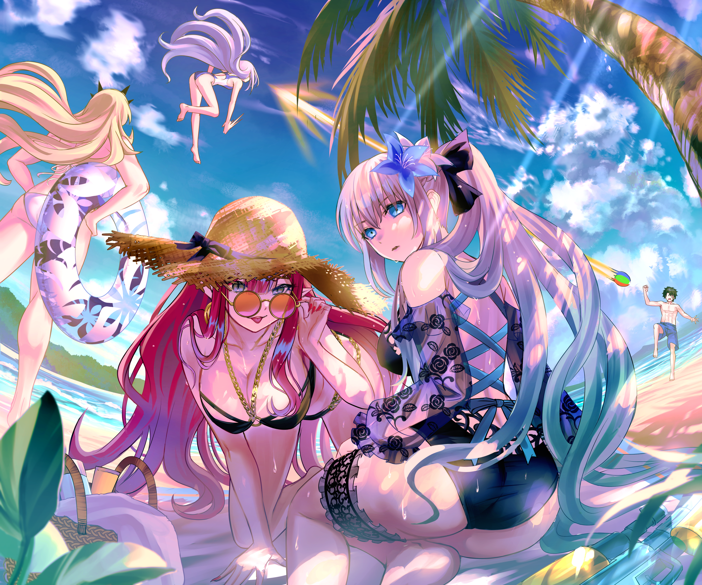 Anime 2400x2000 Fate/Grand Order bikini Fate series swimwear anime girls women group of women beach Baobhan Sith straw hat Barghest (Fate Grand Order) Morgan le Fay floater Melusine (Fate Grand Order) Fujimaru Ritsuka clouds looking at viewer boobs rear view women quartet cleavage hair ornament dappled sunlight sunlight one-piece swimsuit ass bent over sunglasses gradient hair leaves picnic basket long hair looking back sun hats pointy ears thigh strap Gyoza bare shoulders women on beach sky women outdoors water flower in hair tongue out