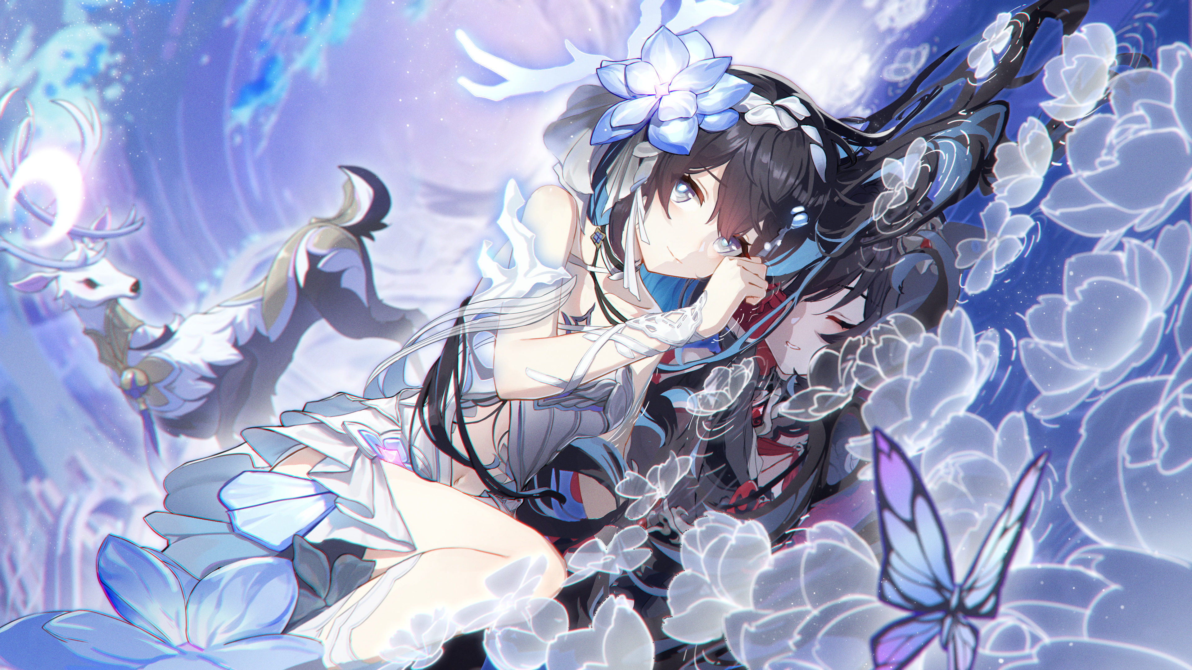Anime 3840x2160 Honkai Impact Seele water reflection flowers flower in hair long hair lying on side smiling looking at viewer anime anime girls butterfly animals lying down Honkai Impact 3rd Seele Vollerei Herrscher of Rebirth