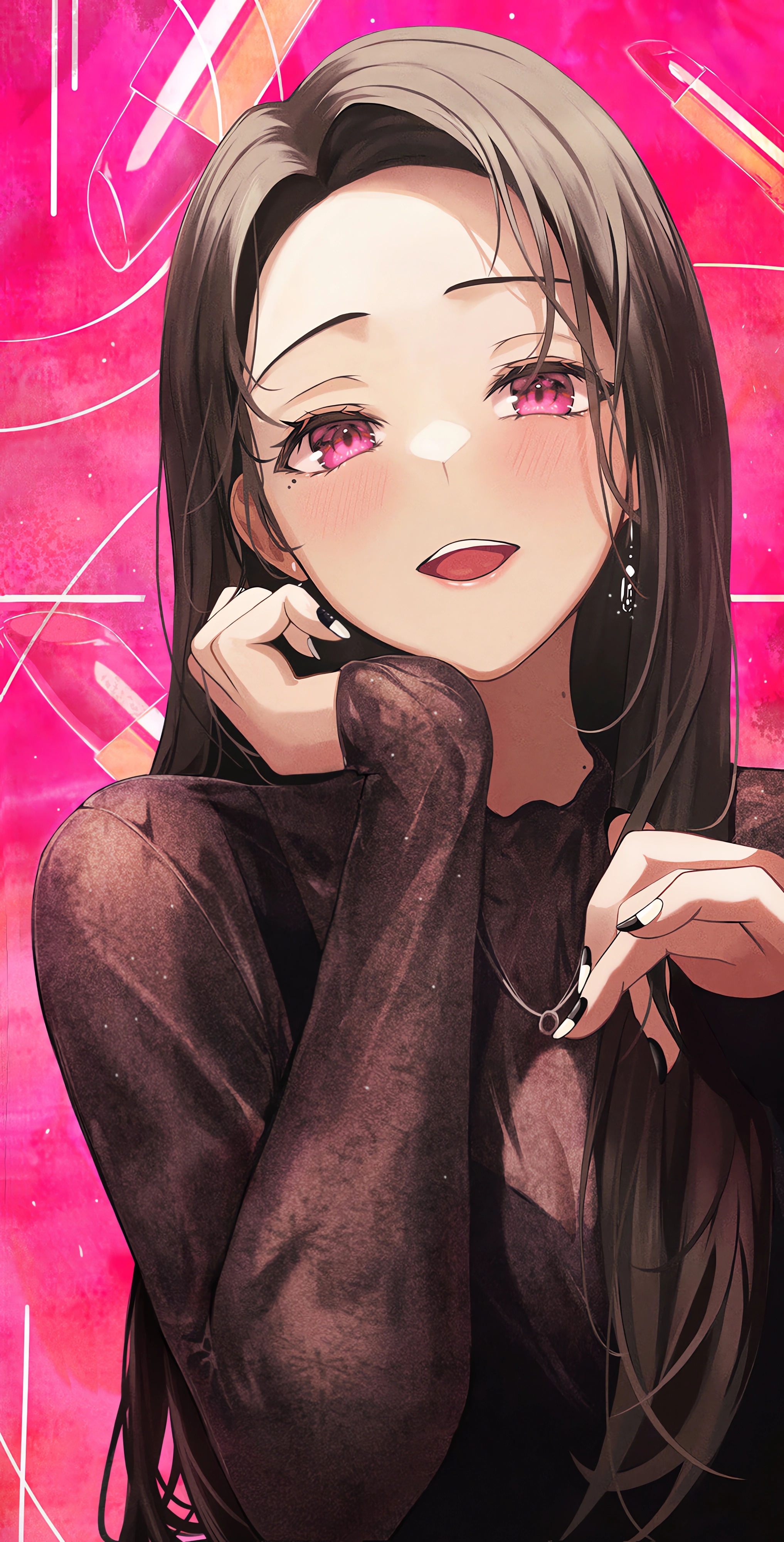 Anime 2034x4000 anime anime girls portrait display long hair looking at viewer blushing moles mole under eye purple eyes earring brunette smiling Gongha open mouth painted nails lipstick