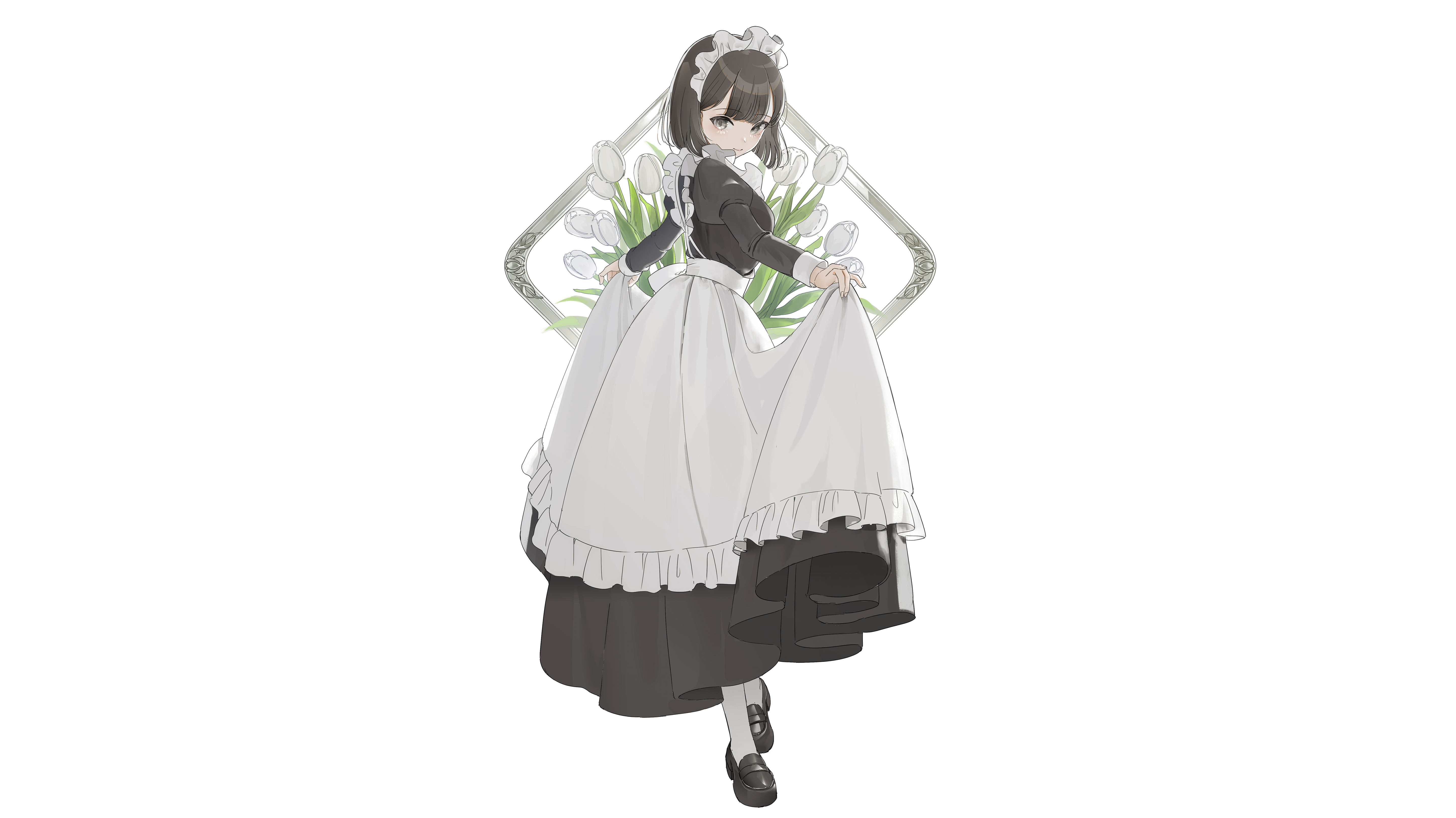 Anime 5760x3240 Shii original characters maid maid outfit simple background minimalism 2D artwork drawing white background anime girls anime lifting dress standing short hair looking at viewer flowers smiling
