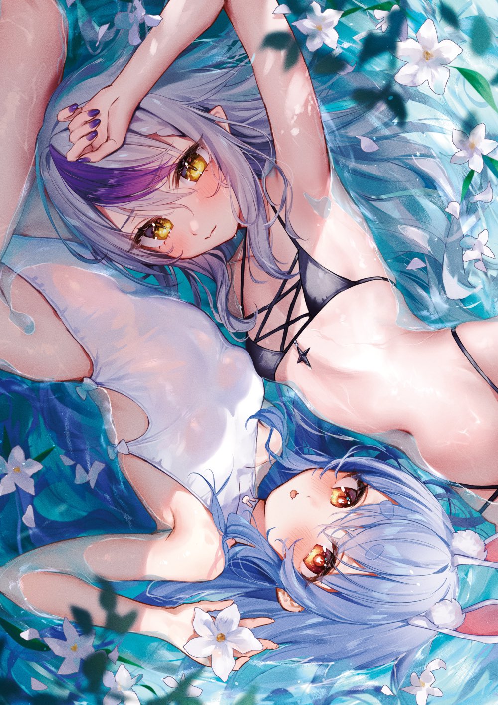 Anime 1000x1414 anime girls portrait display two women swimwear Hololive looking at viewer Laplus Darknesss petite Usada Pekora bikini Virtual Youtuber water small boobs long hair two tone hair flowers armpits hand(s) in hair bunny ears belly button one-piece swimsuit belly misekiss lying on side lying down blushing white flowers petals wet body wet swimsuit pointy ears tongue out leaves wet thighs