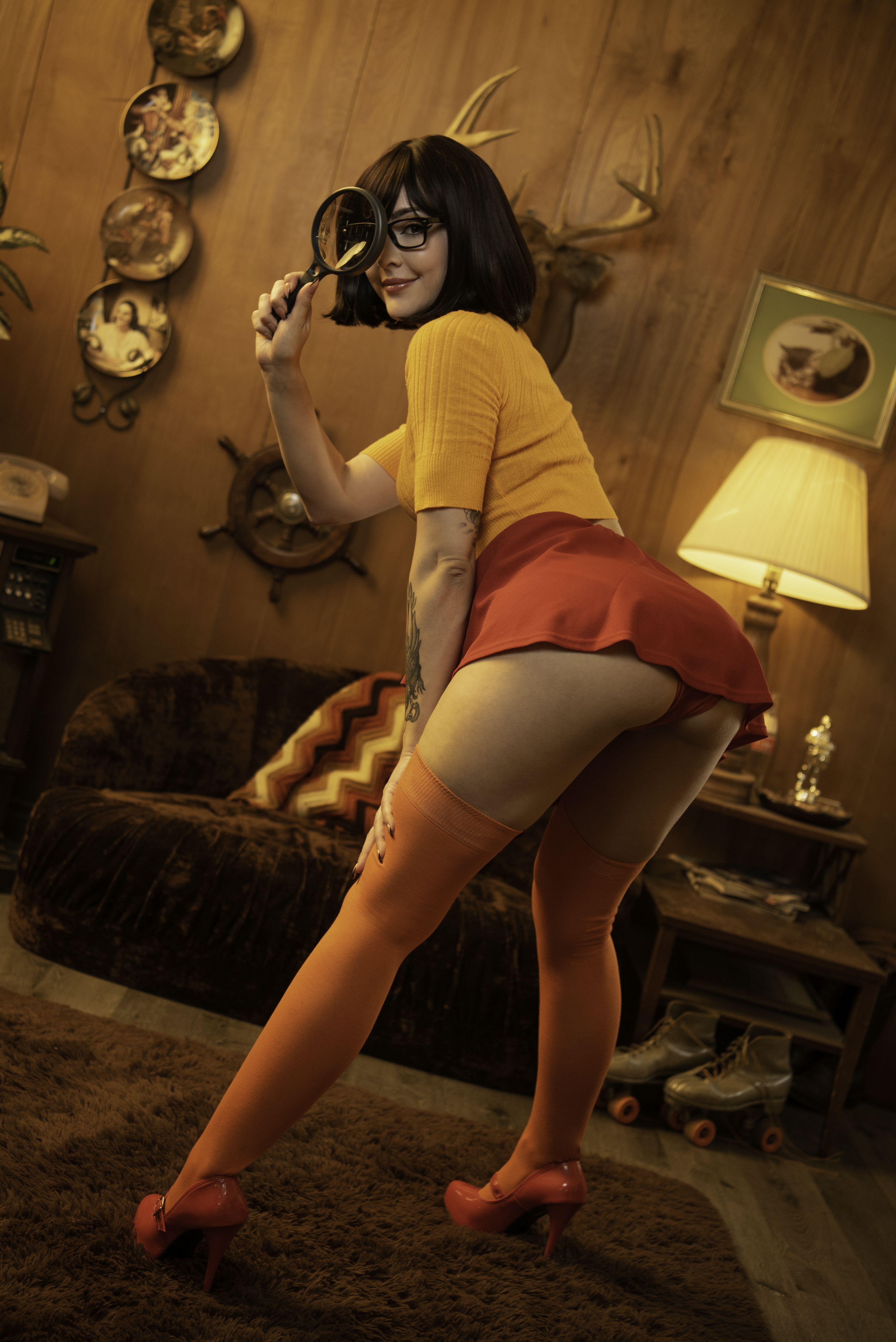 People 3343x5008 Isabel Luxlo women model cosplay vintage Velma Dinkley Scooby-Doo women indoors inked girls ass upskirt panties stockings high heels thick ass the gap red panties bent over