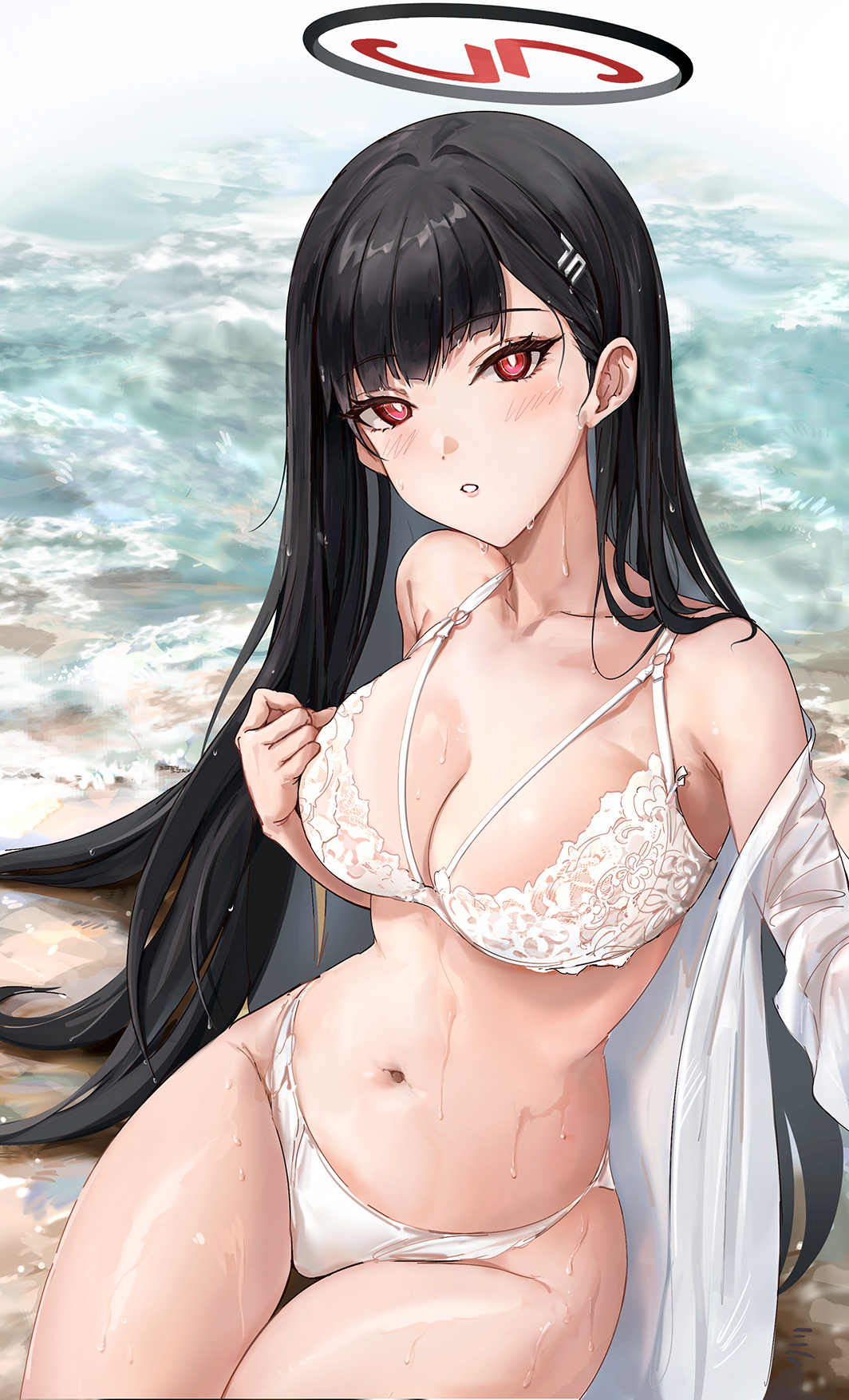 Anime 1064x1754 Blue Archive underwear anime girls portrait display Tsukatsuki Rio long hair black hair open clothes red eyes looking at viewer white lingerie belly button water hair ornament white panties wet hair wet body wet clothing white bra head tilt hair clip white shirt Hamidasu parted lips women on beach thighs women outdoors cleavage big boobs lace lingerie sitting blushing