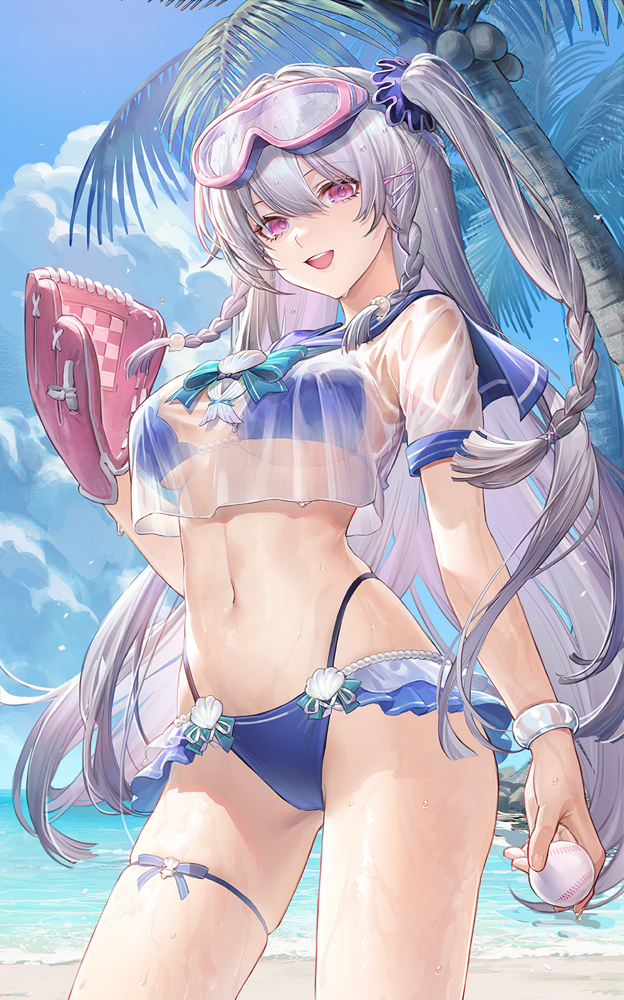 Anime 900x1441 anime girls portrait display Virtual Youtuber bikini Sixiwanzi palm trees standing looking at viewer pink eyes baseball glove see-through clothing ball swimming goggles beach thigh strap blue bikini Gui Mi water drops outdoors hair ornament baseball wet clothing wet body long hair smiling sailor uniform belly button thighs side ponytail clouds bracelets coconuts Lian (Vtuber) big boobs water women on beach